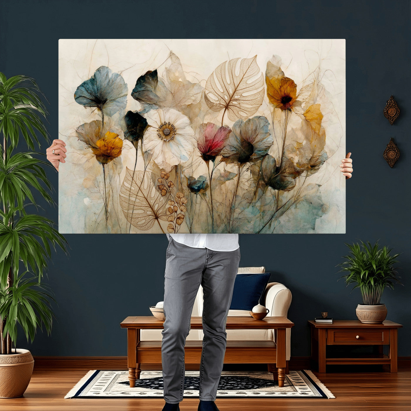 93171612-MGV-CV-36X24 - Vintage Dried Floral Meadow Wall Art Canvas Print, Translucent Watercolor Flowers Painting Print