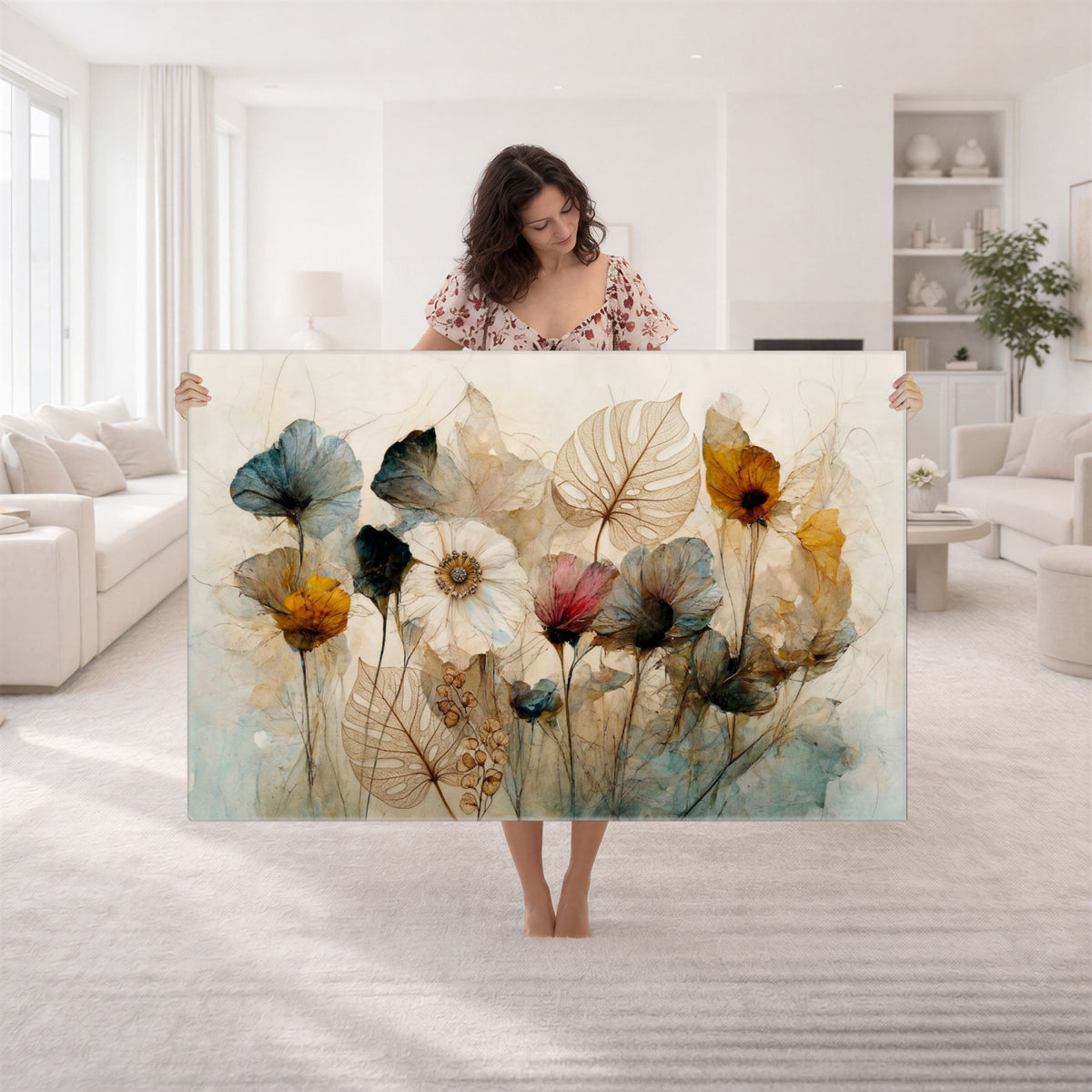 93171612-MGV-CV-36X24 - Vintage Dried Floral Meadow Wall Art Canvas Print, Translucent Watercolor Flowers Painting Print