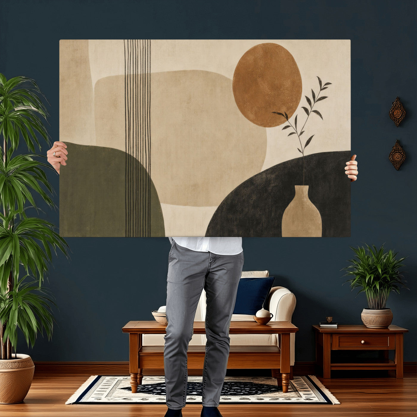 29113684-MGV-CV-36X24 - Japandi Minimalist Abstract Wall Art Canvas Print, Sage Green and Terracotta Sun Botanical Painting Print