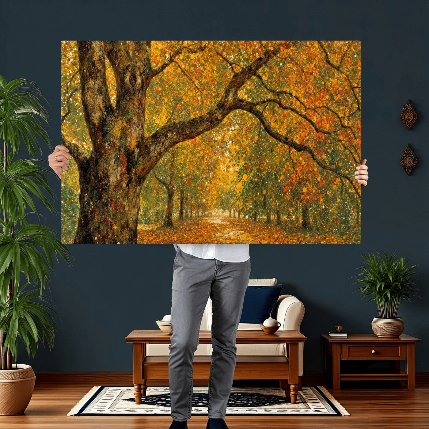 11536138-MGV-CV-36X24 - Vintage Autumn Forest Path Wall Art Canvas Print, Golden Leaves Impressionist Painting Print