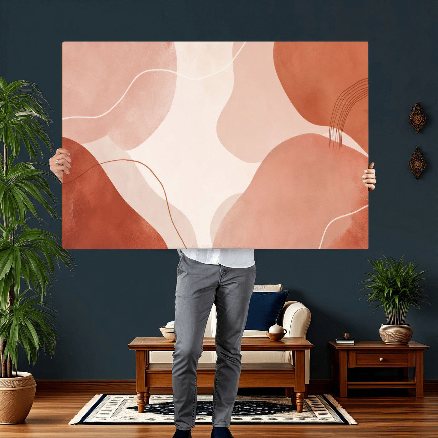 17685421-MGV-CV-36X24 - Abstract Boho Terracotta Wall Art Canvas Print, Mid Century Minimalist Painting Print