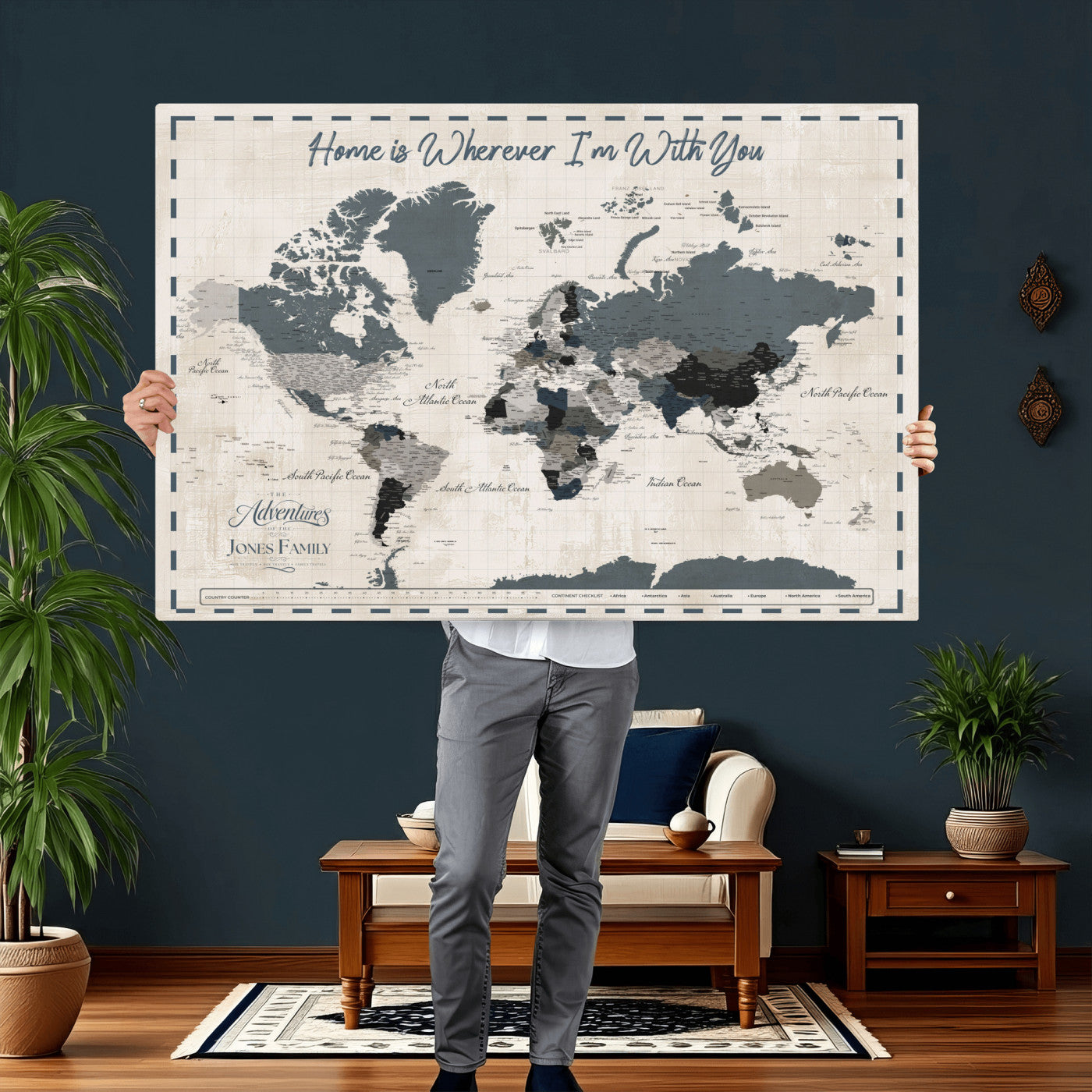 400867164-MGV-CV-36X24 - Framed Blue Custom Push Pin World Map Canvas Print – Personalized Travel Map Wall Art