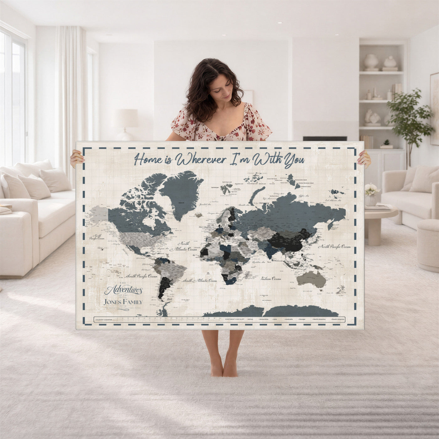 400867164-MGV-CV-36X24 - Framed Blue Custom Push Pin World Map Canvas Print – Personalized Travel Map Wall Art
