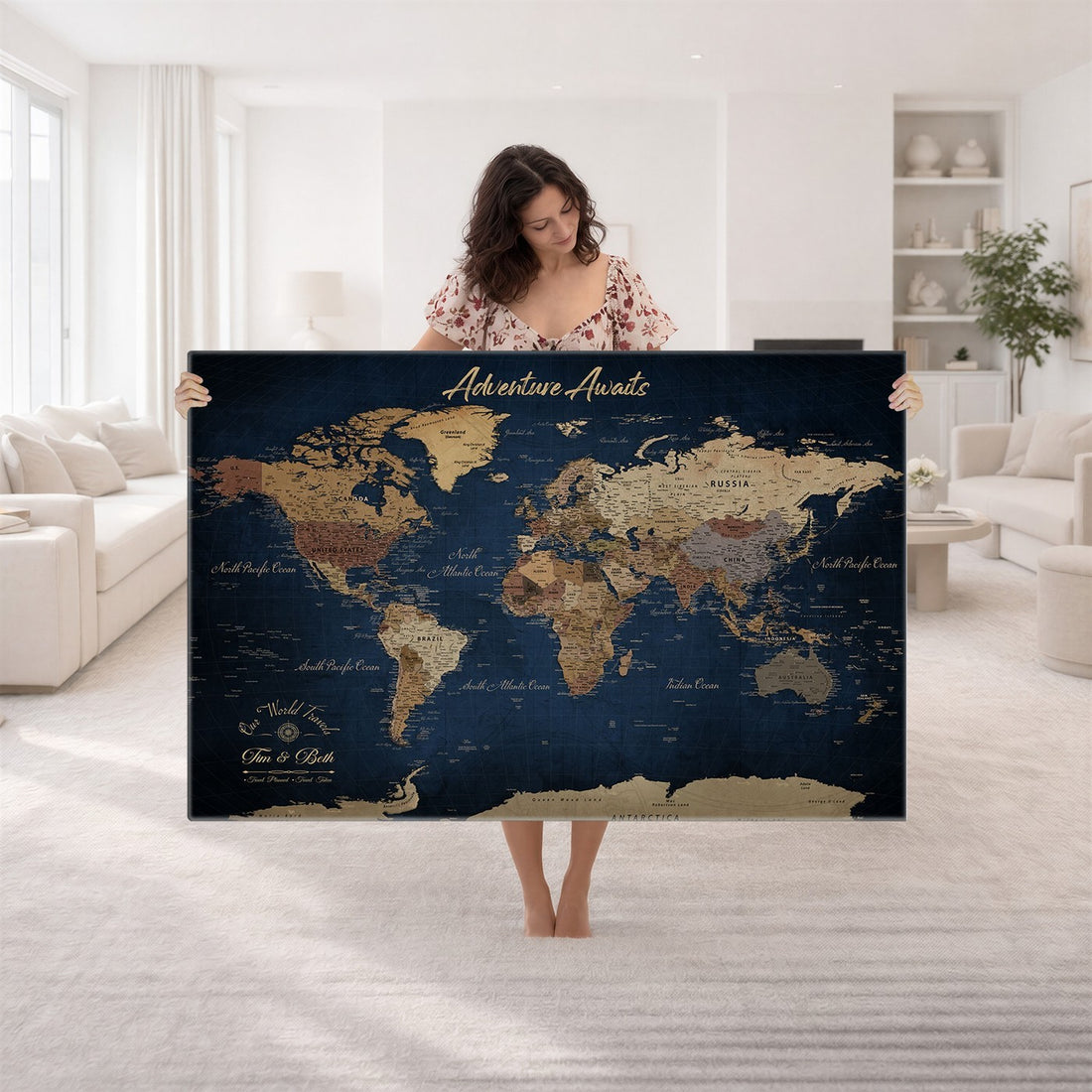 Custom Push Pin Travel Map Canvas Print, Family Travel Tracker, Study and Entryway Decor
