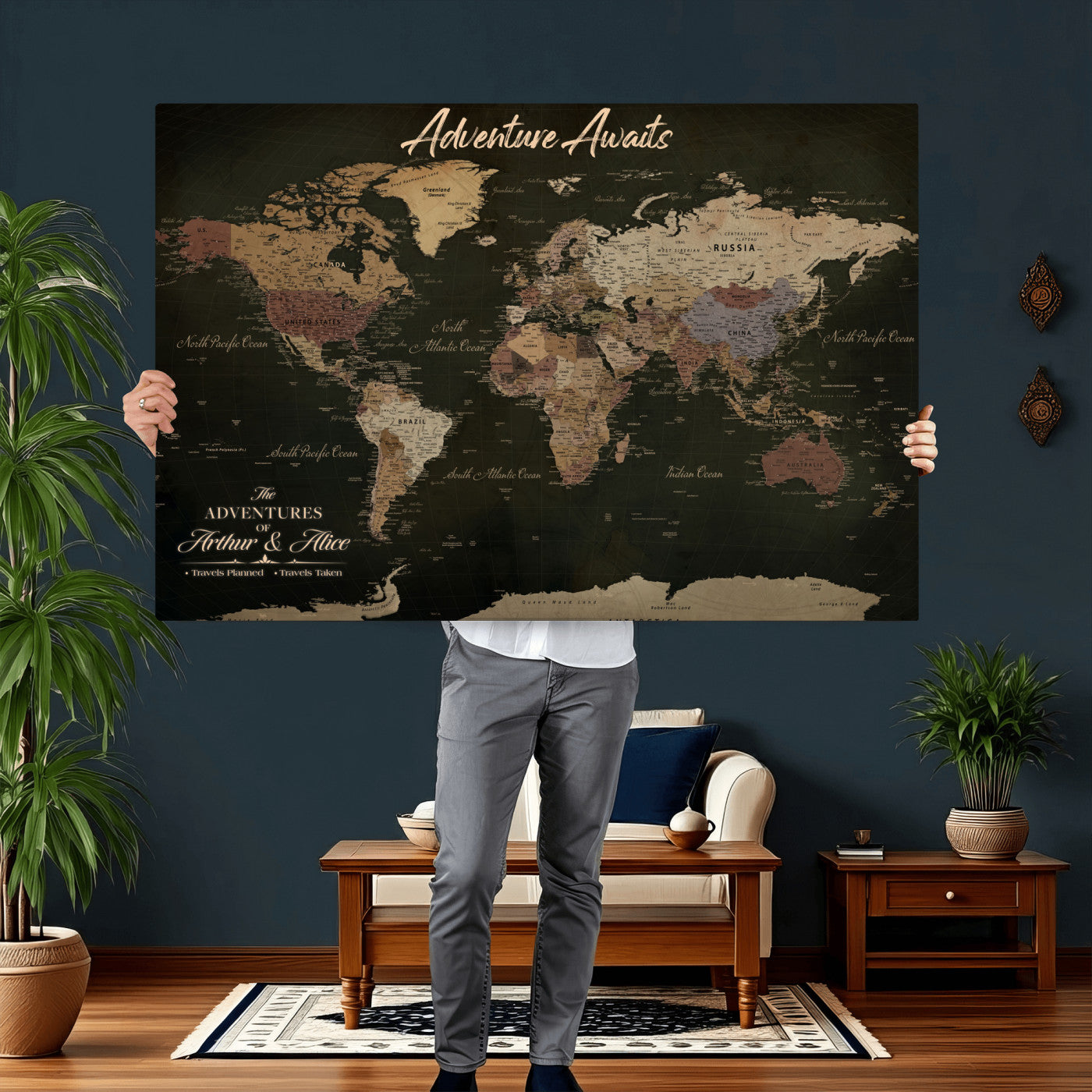 46935759-MGV-CV-36X24 - Custom Push Pin World Map Canvas | Personalized Travel Tracker | Wedding Anniversary Gift for Couples | Adventure Map Wall Art with Pins