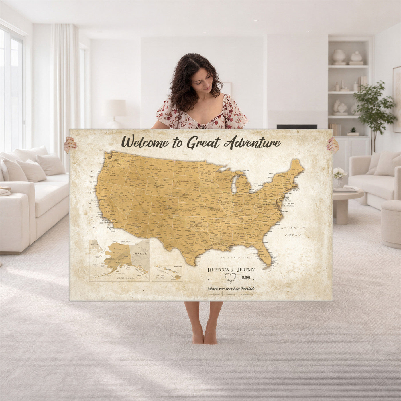 81437082-MGV-CV-36X24 - Custom Push Pin Travel USA Map Canvas Print, Cream Personalized Travel Tracker America Map, Anniversary Traveler Gift