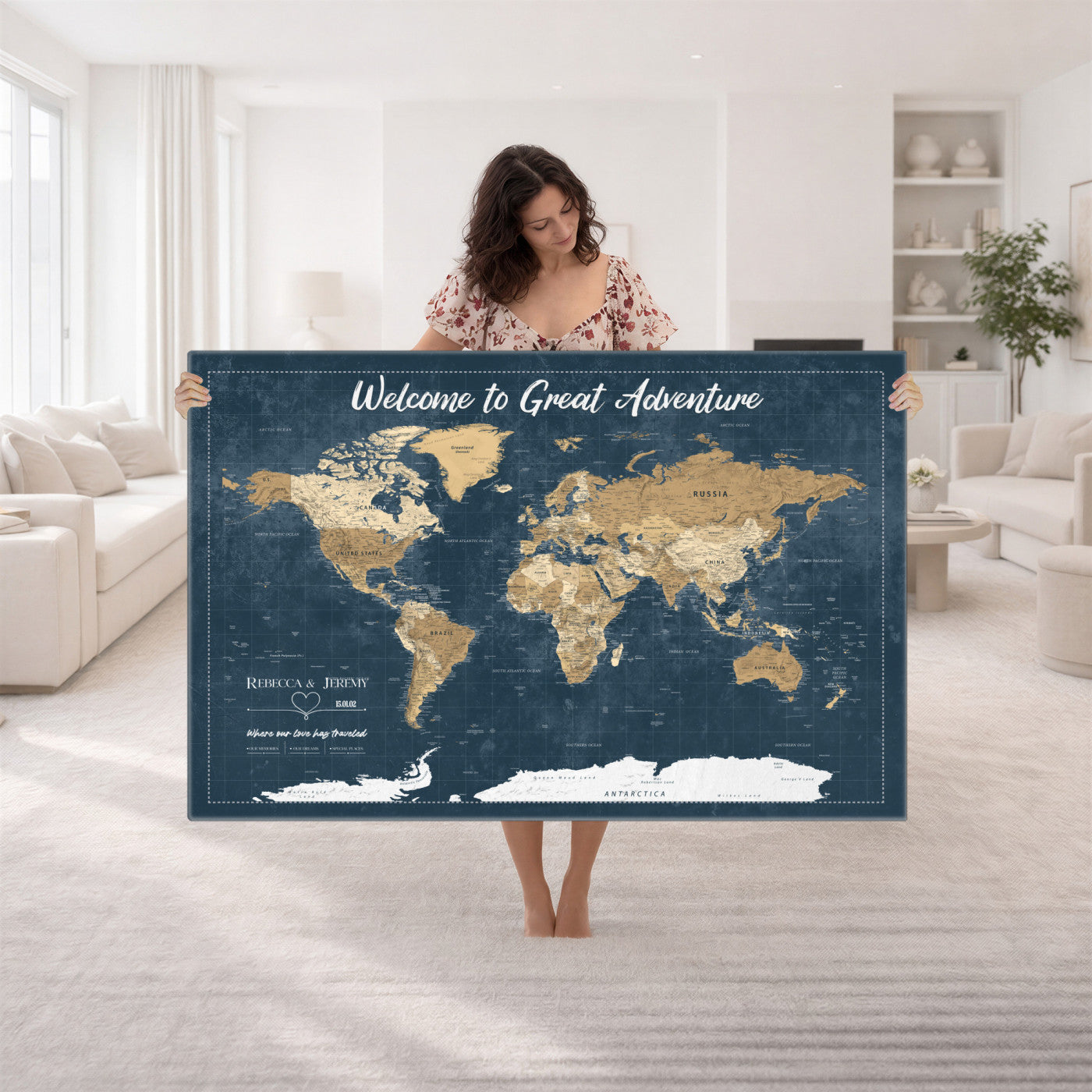 57167164-MGV-CV-36X24 - Custom Push Pin Travel Map Canvas Print, Cream Personalized Travel Tracker Map, Anniversary Gift, Vintage World Map Wall Art