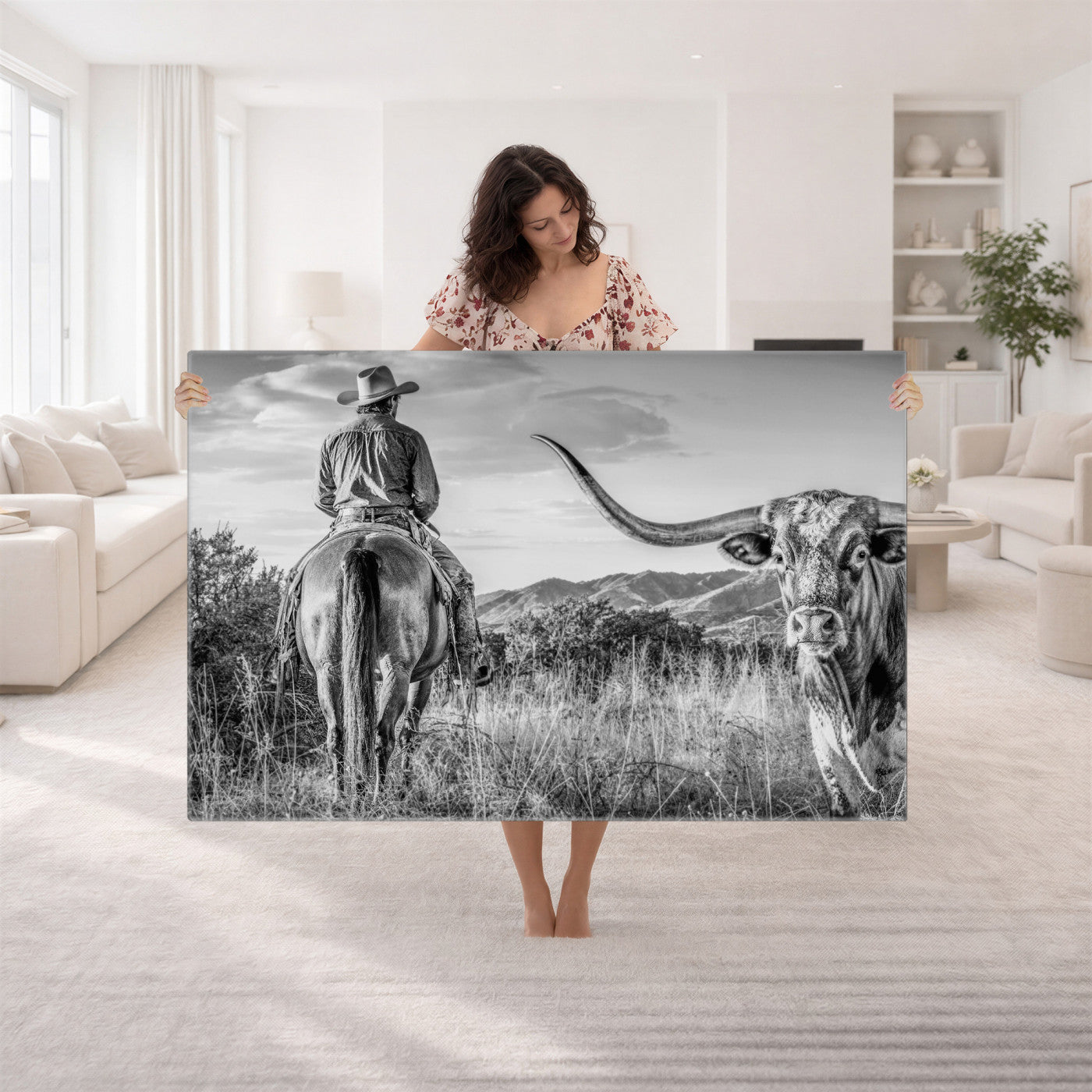 62076449WB-MGV-CV-36X24 - Texas Cowboy and Longhorn Bull Print for Western Wall Art Decor for Farmhouse