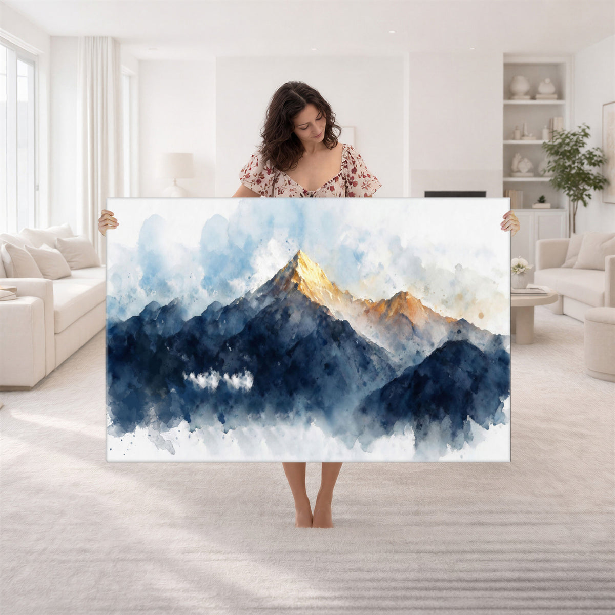62076449DG1-MGV-CV-36X24 - Abstract Watercolor Mountain Lake Wall Art Print for Living Room Decor