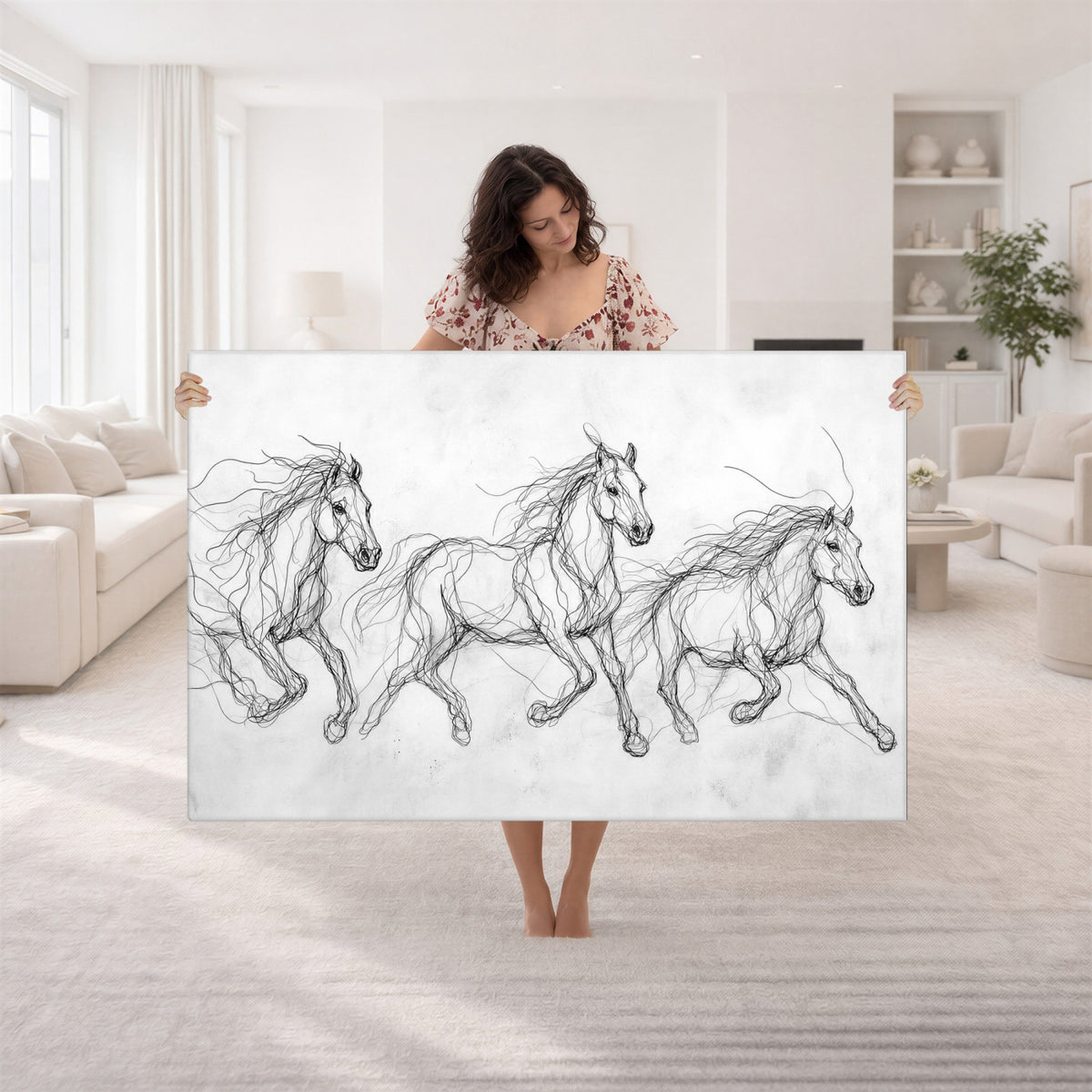 53600119-MGV-CV-36X24 - Monochrome Horse Canvas Wall Art, Black Ink Sketch Wild Horses Print, Minimalist Equestrian Artwork, Modern Abstract Line Decor, Urban Loft Gift