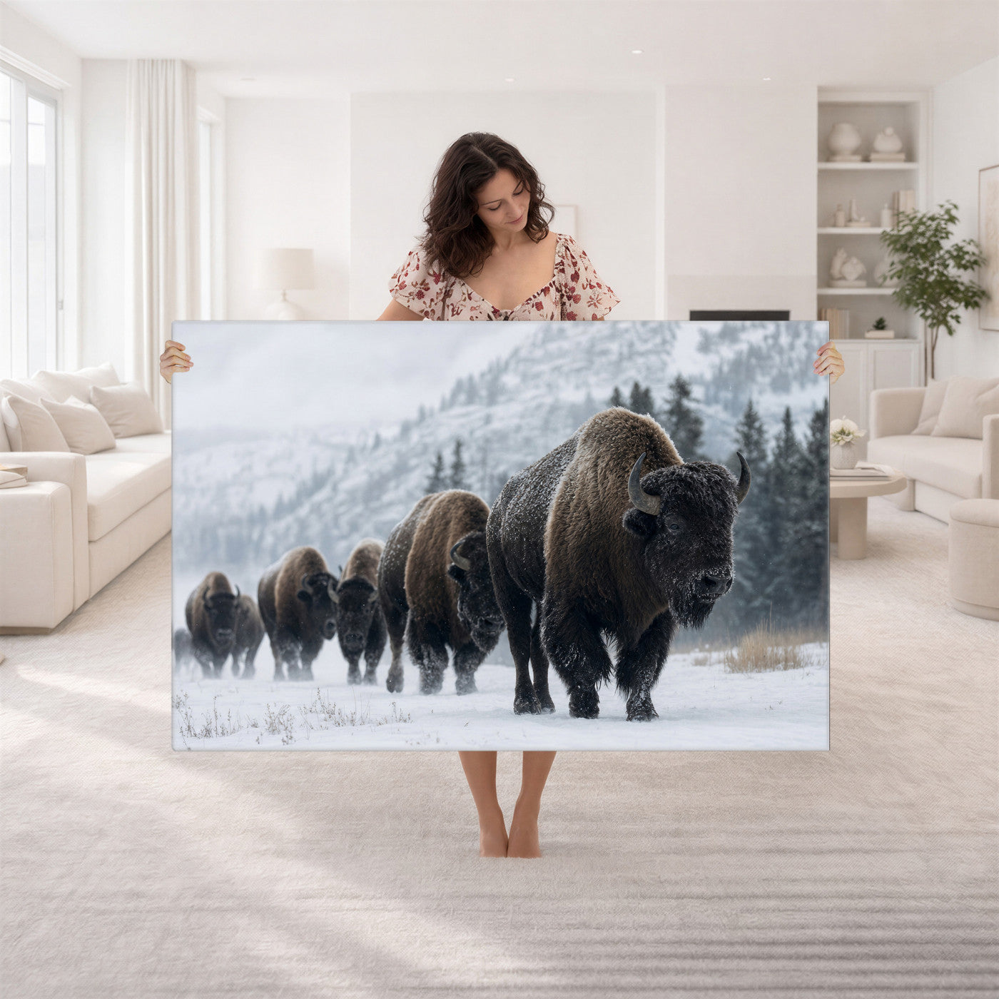 18343289-MGV-CV-36X24 - Rustic Bison Wall Art, American Buffalo Photo Print, Wildlife Canvas Artwork, Snowy Mountain Decor, Large Nature Poster, Cabin Gift Idea
