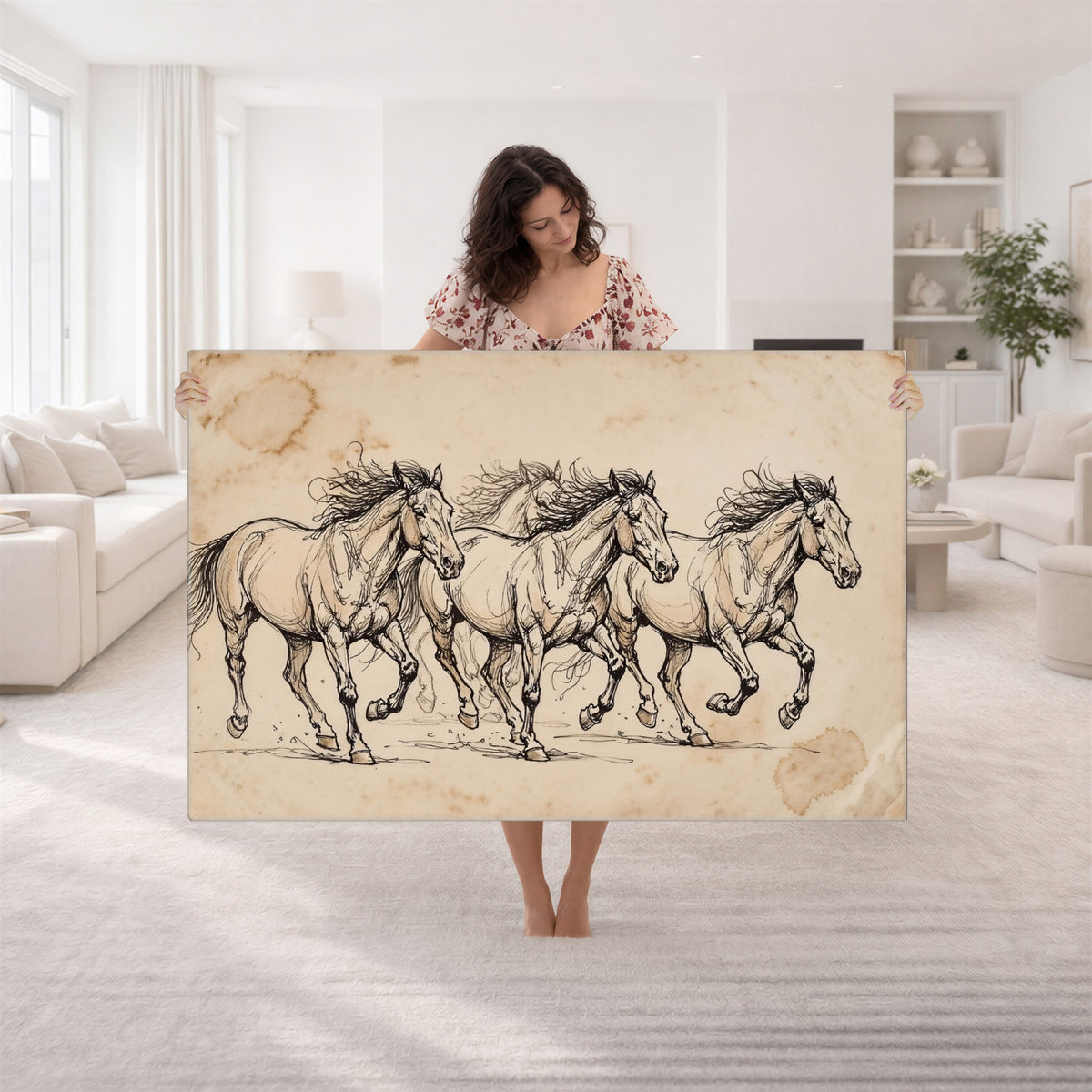 18242163-MGV-CV-36X24 - Vintage Horse Sketch Canvas Wall Art, Wild Horses Pencil Drawing Print, Antique Parchment Western Decor, Equine Sketching, Country Manor Gift