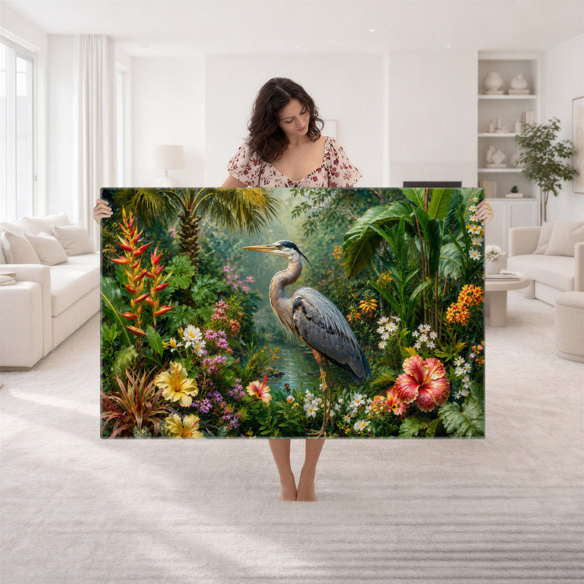 81059387-MGV-CV-36X24 - Great Blue Heron Tropical Jungle Wall Art Canvas Print, Exotic Botanical Garden Painting Print