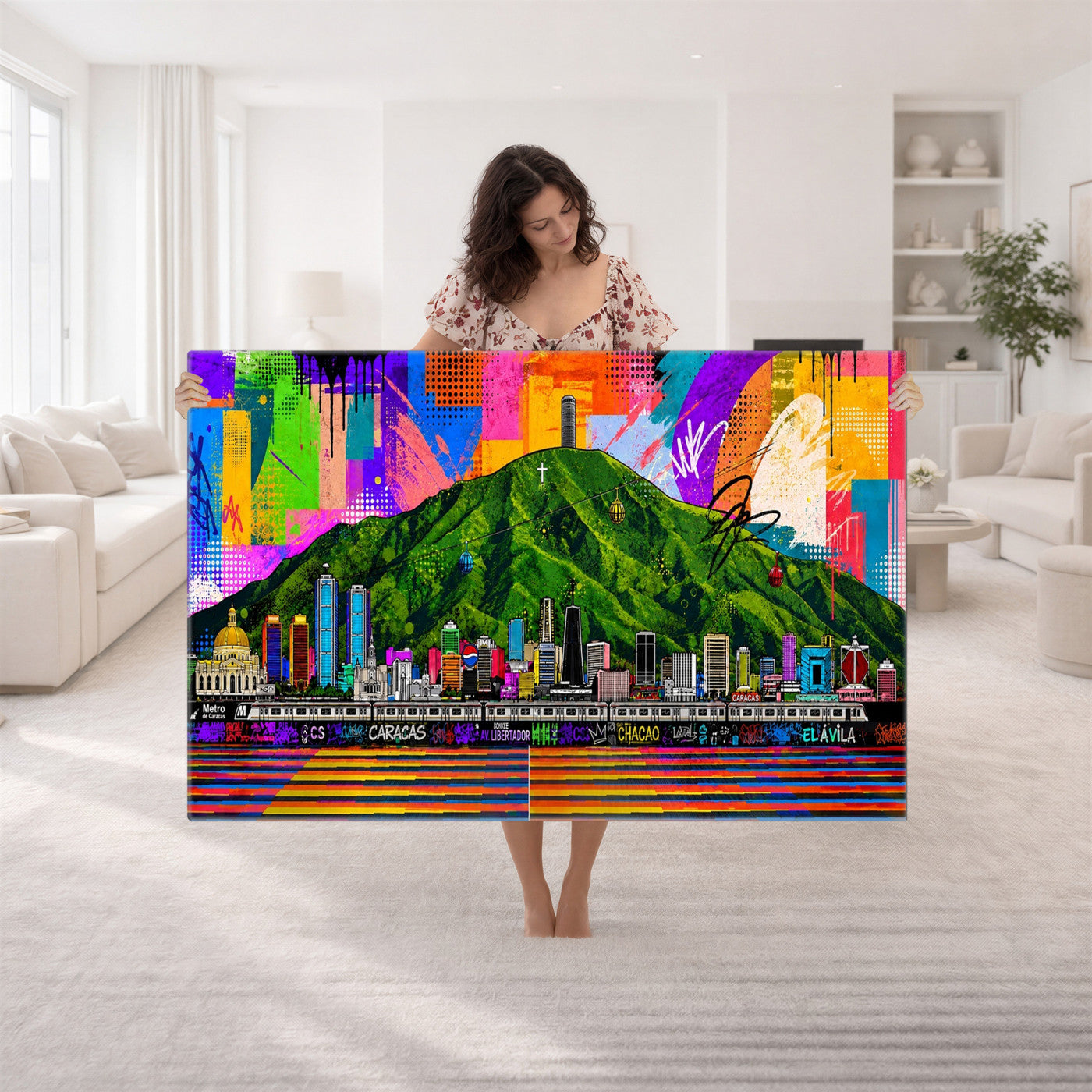86696255-MGV-CV-36X24 - Mount Ávila, Caracas, Venezuela Wall Art Print by Artist Yorlette - Graffiti Caracas Skyline Canvas Art, Colorful Street Artwork - Venezuela El Avila Poster Print