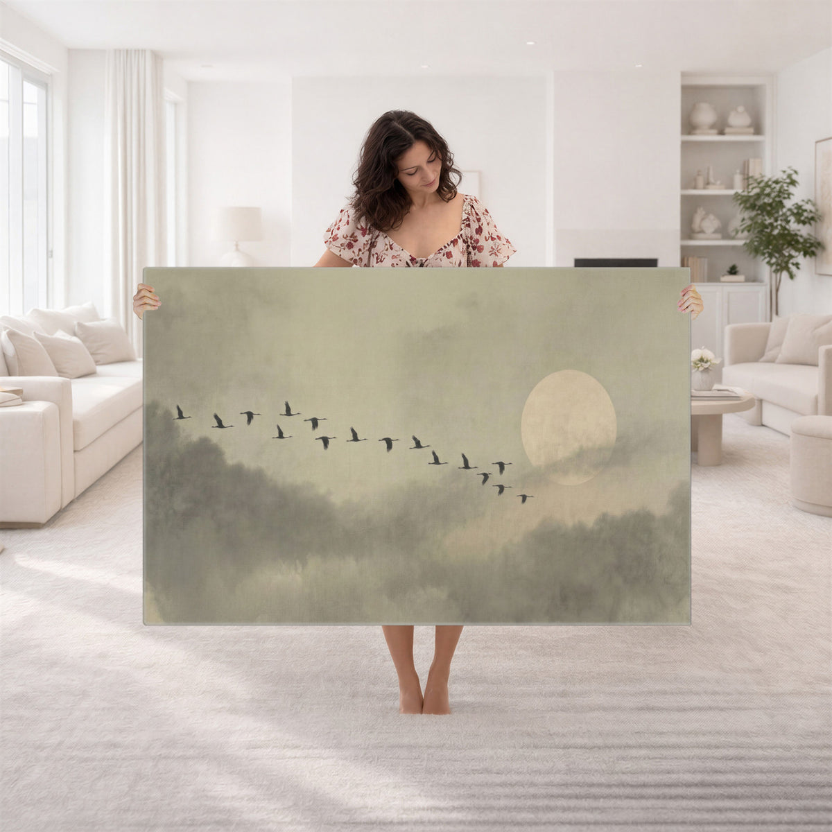 1209814B-MGV-CV-36X24 - Flying Cranes Canvas Wall Art, Misty Landscape with Moon, Sage Green Japandi Decor, Framed Print
