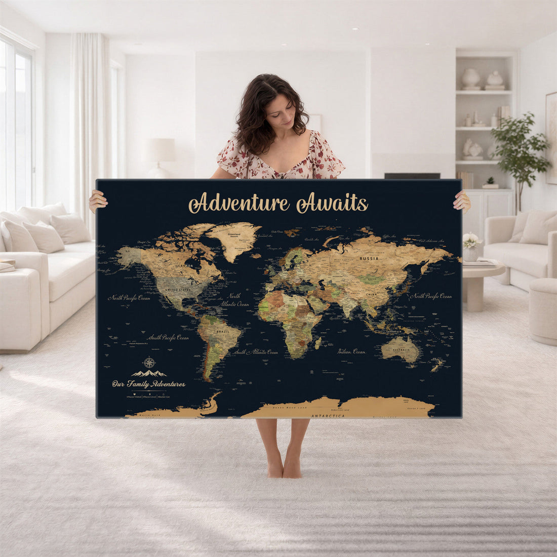 Our Adventures World Map Canvas, Custom Family Travel Wall Art with Pins