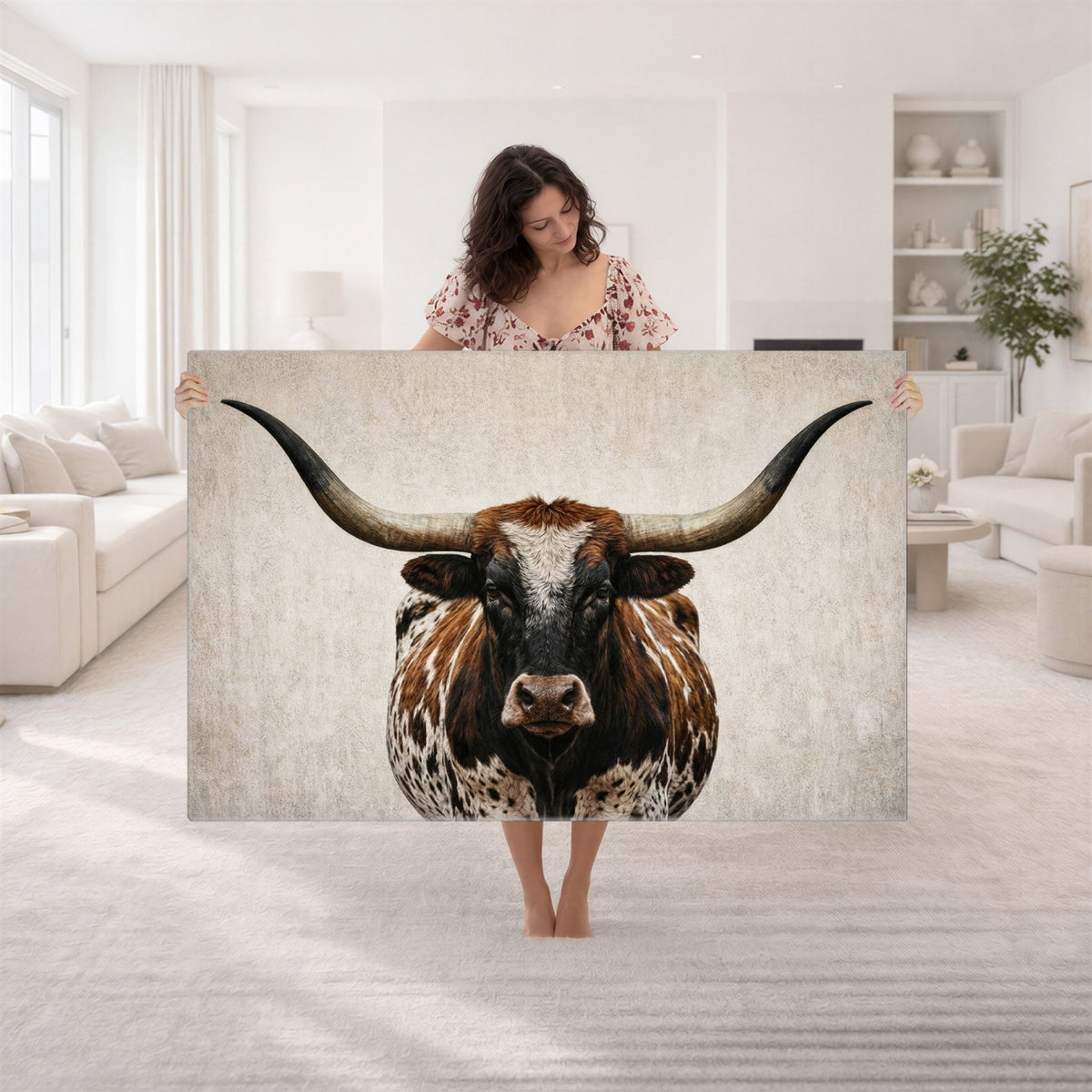 58622065-MGV-CV-36X24 - Texas Longhorn Canvas Wall Art Western Bull Desert Moody Grey Overcast Rustic Farmhouse Framed Large for Living Room Bedroom Office Decor