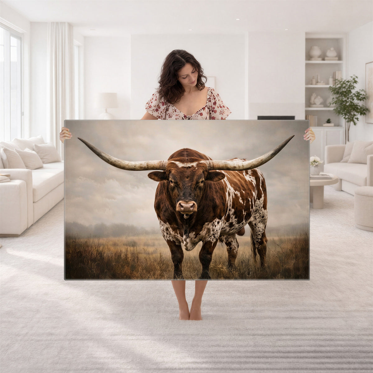 25239047A-MGV-CV-36X24 - Texas Longhorn Canvas Wall Art Western Bull Desert Moody Grey Overcast Rustic Farmhouse Framed Large for Living Room Bedroom Office Decor