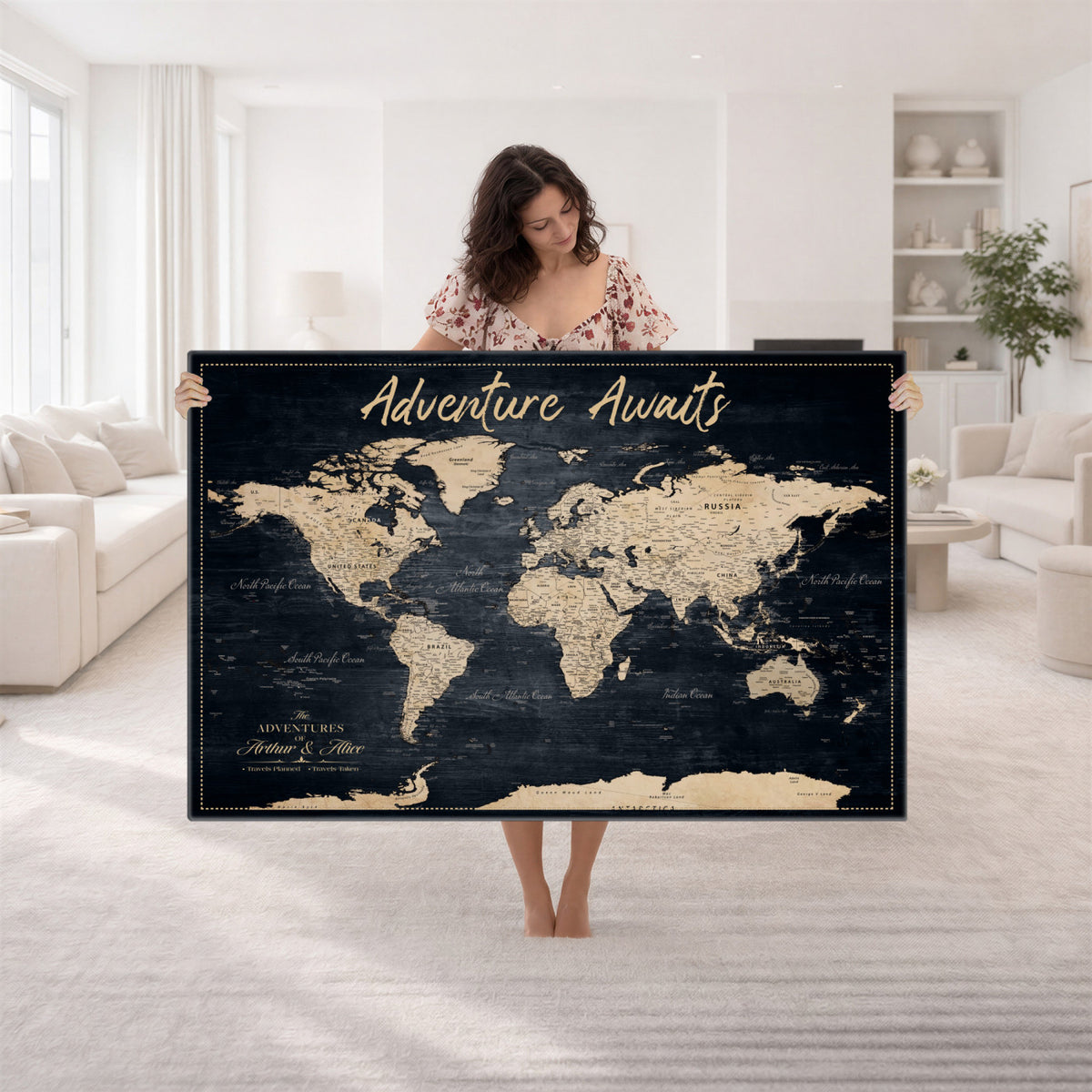 688173822-MGV-CV-36X24 - Extra Large Vintage Personalized Push Pin World Map Wall Art Canvas Print