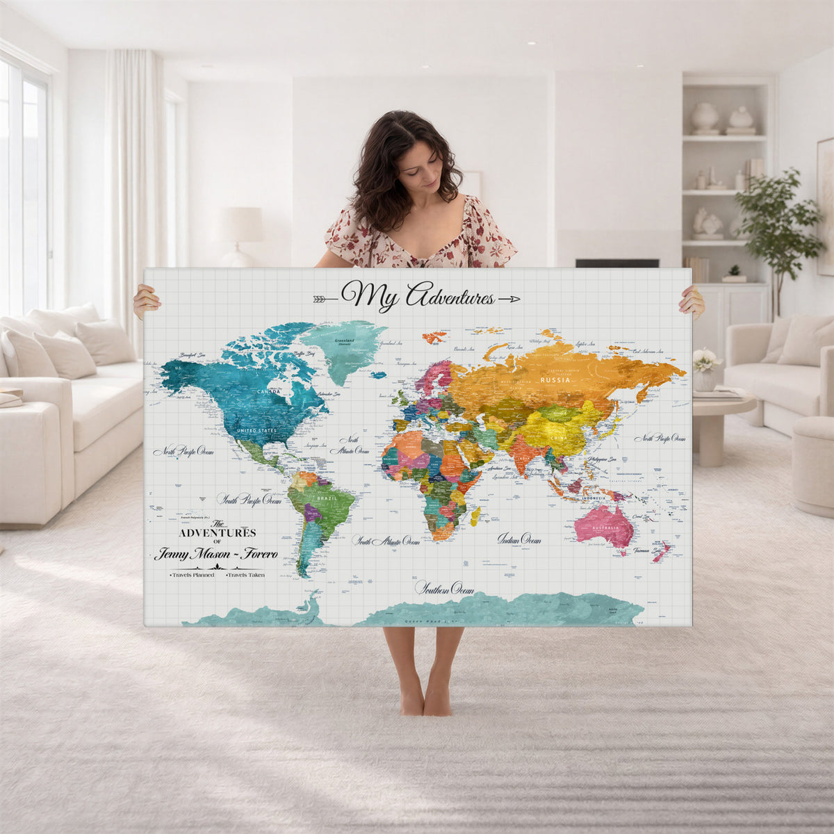 66743043-MGV-CV-36X24 - Extra Large Framed Personalize Push Pin World Map Wall Art Canvas Print for Travel Tracking