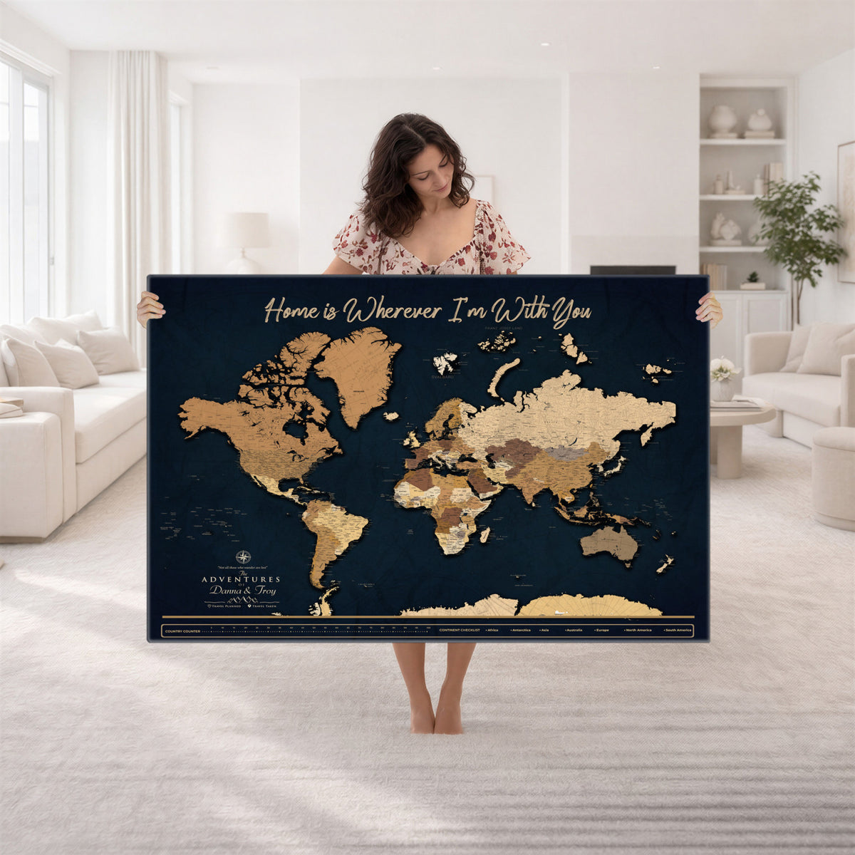 13903533-MGV-CV-36X24 - Extra Large Framed Personalize Push Pin World Map Wall Art Canvas Print for Travel Tracking