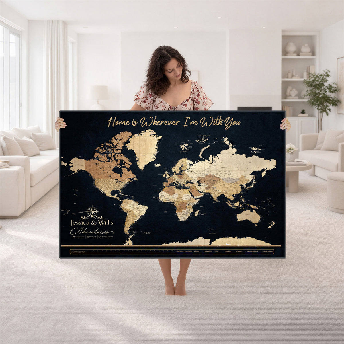 43430657-MGV-CV-36X24 - Extra Large Framed Personalize Push Pin World Map Wall Art Canvas Print for Travel Tracking