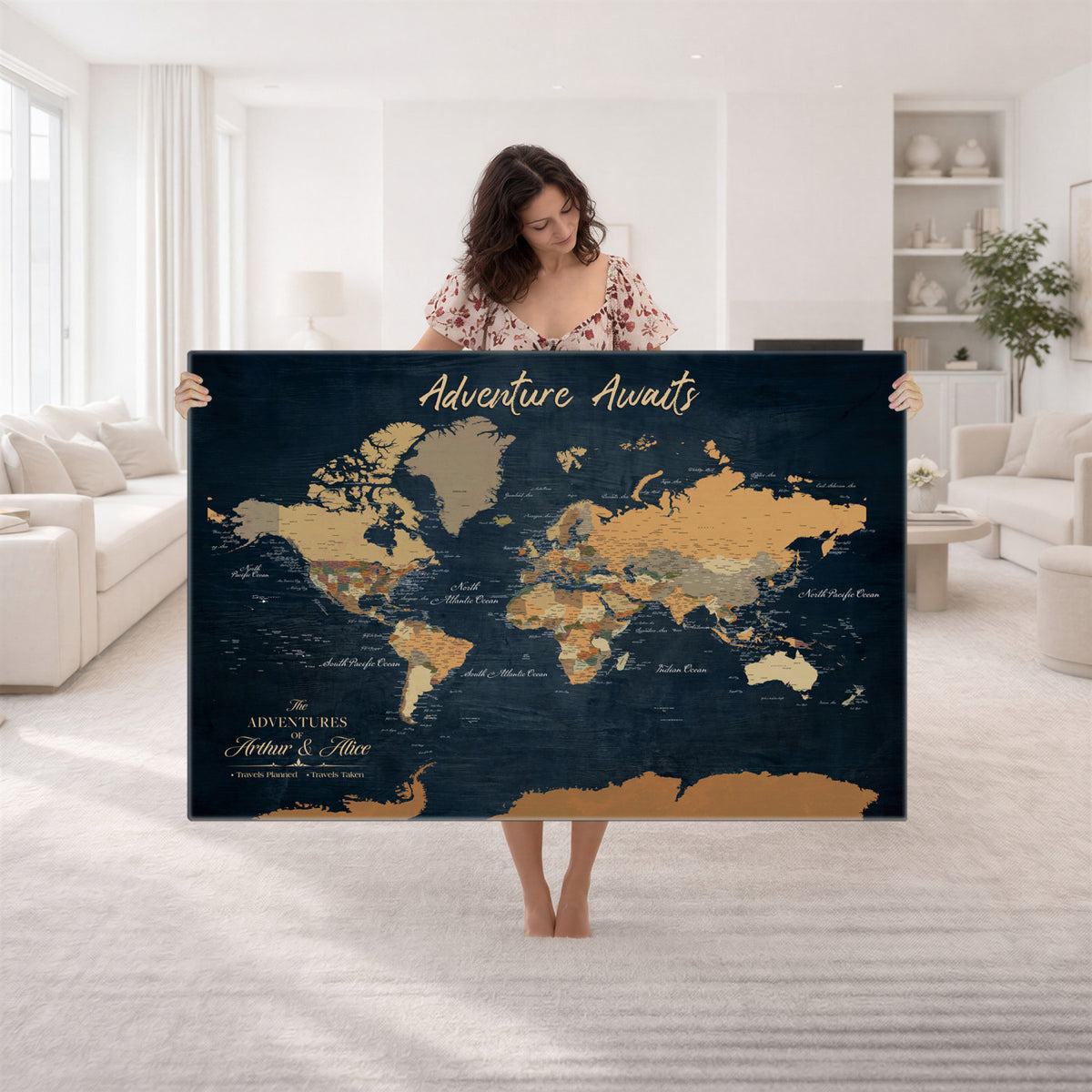 13350960-MGV-CV-36X24 - Extra Large Framed Personalize Push Pin World Map Wall Art Canvas Print for Travel Tracking