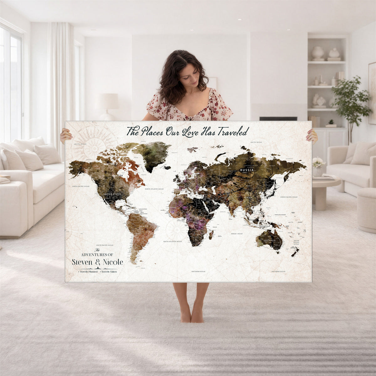 18074626D3D-MGV-CV-36X24 - Extra Large Framed Personalize Push Pin World Map Wall Art Canvas Print for Travel Tracking NEWMAP - 015