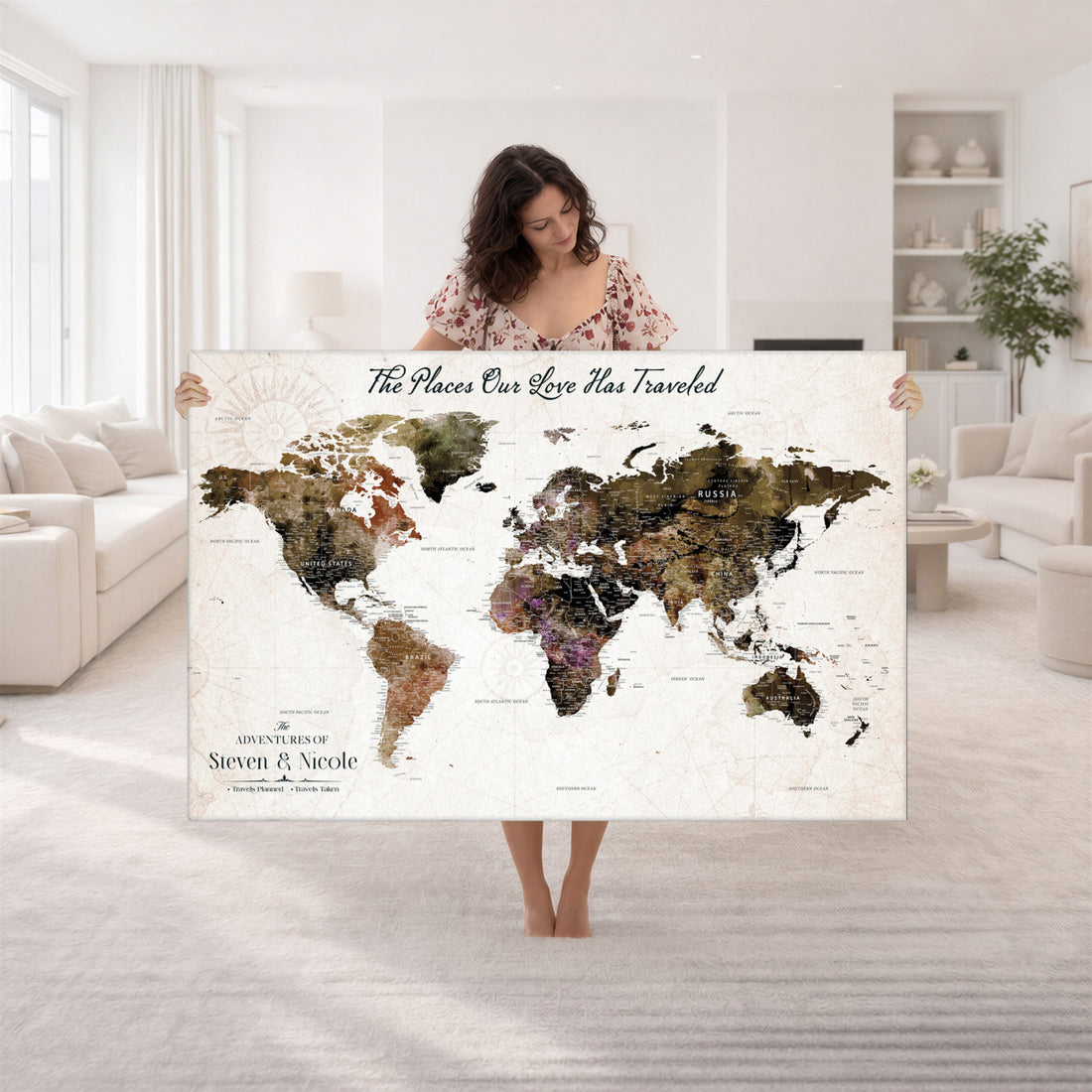 Extra Large Framed Personalized Push Pin World Map Wall Art Canvas Print for Travel Tracking