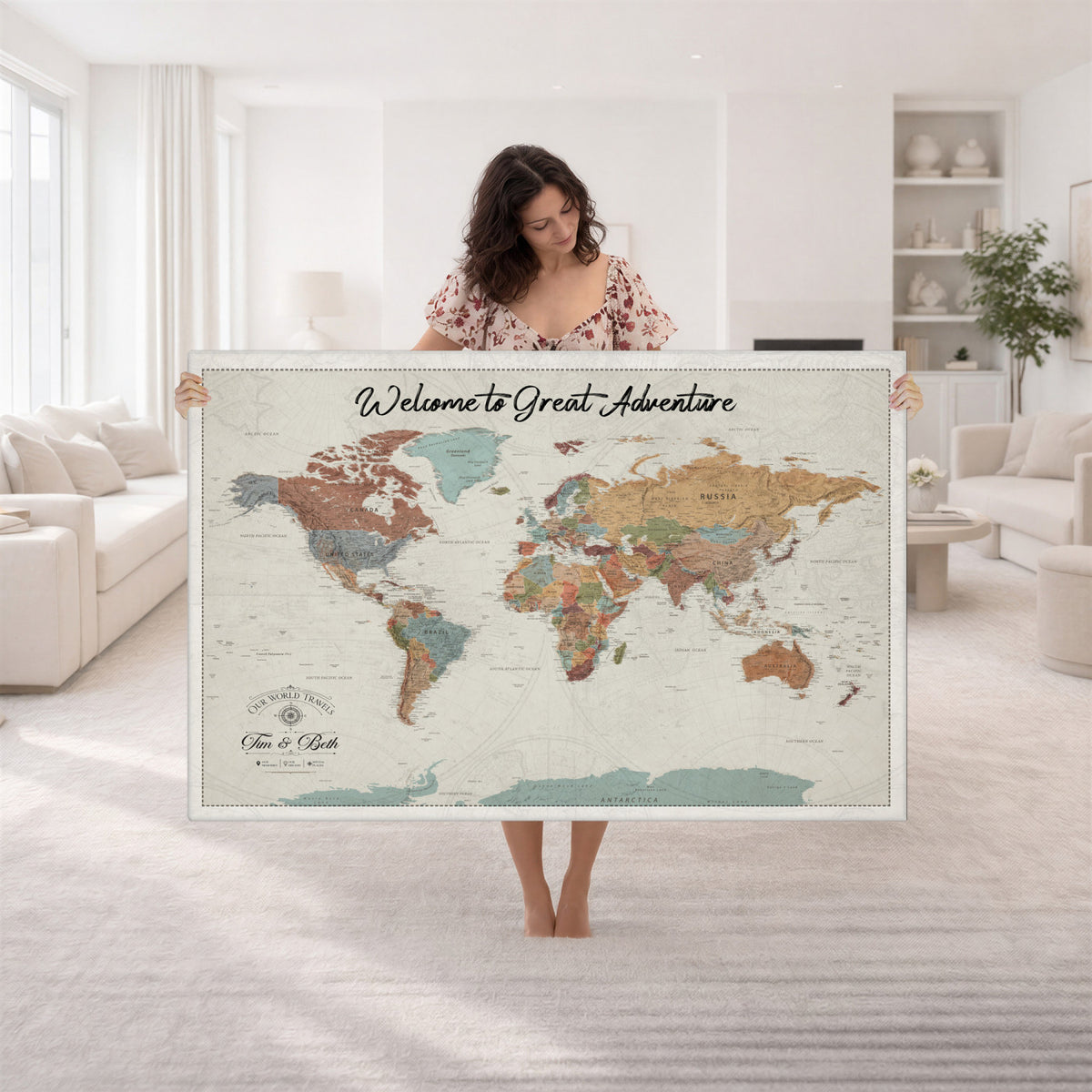 NEWMAP-19-MGV-CV-36X24 - World Map Wall Art Canvas Print, Modern Decorative Framed Map Artwork Prints for Living Room, Office, Bedroom Wall Decor
