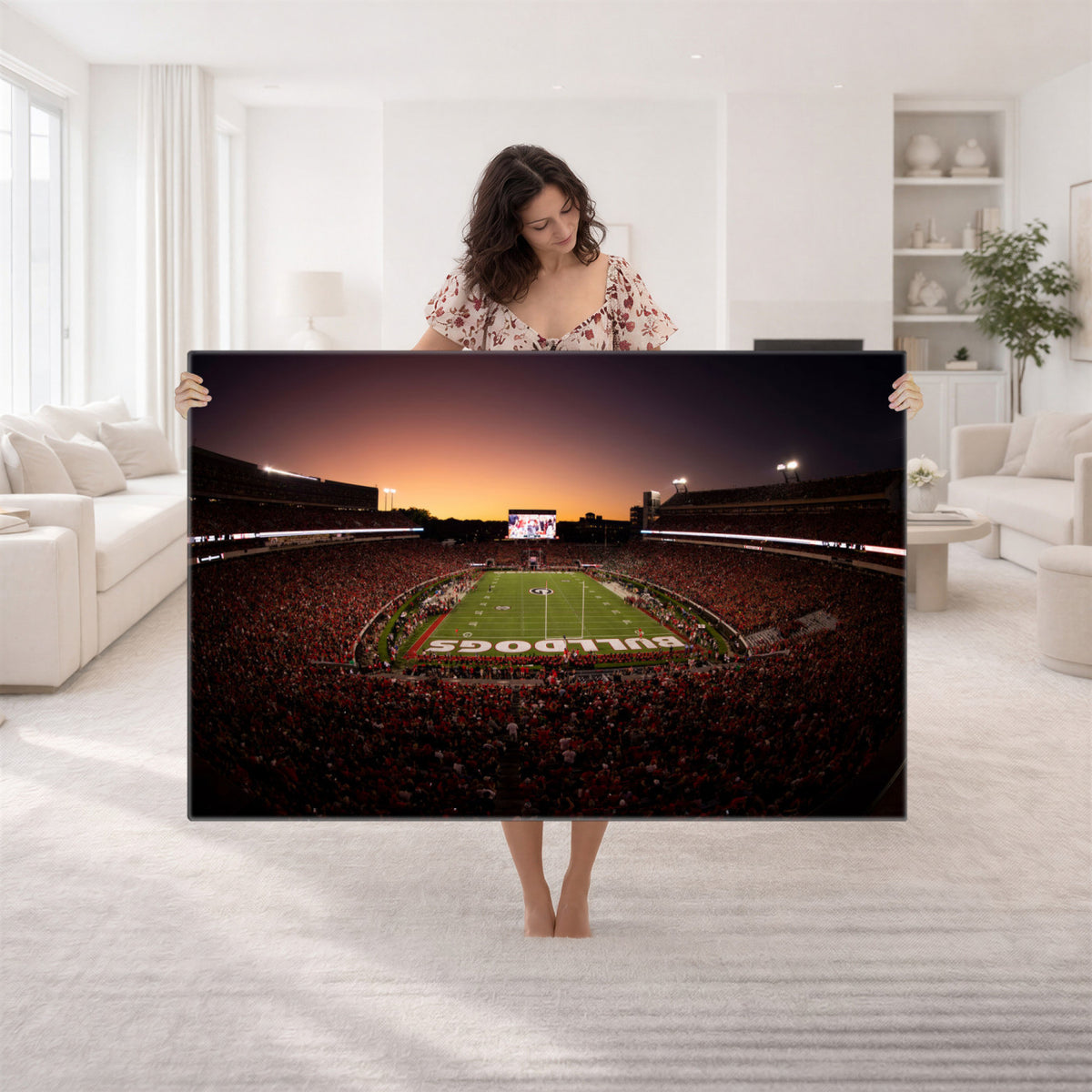 97720998-_Poster-30x20 - Georgia Bulldogs Stadium Sunset Canvas Print 3 Piece Framed Wall Art Extra Large Floating Frame Sports Poster Made in USA