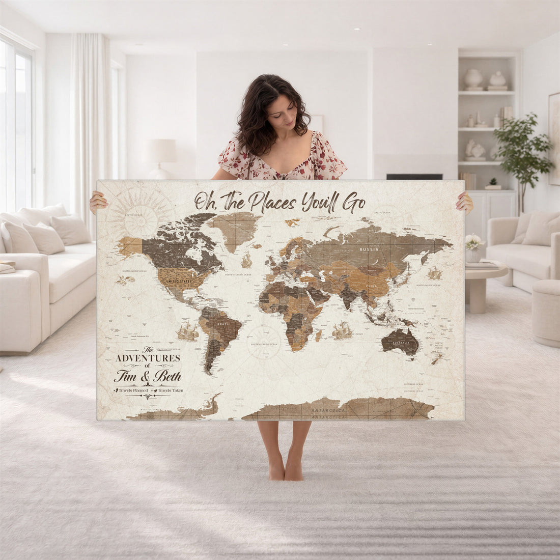 Personalized Beige Geometric Family Push Pin World Map Canvas Print, Honeymoon and Anniversary Gift, Living Room and Study Decor