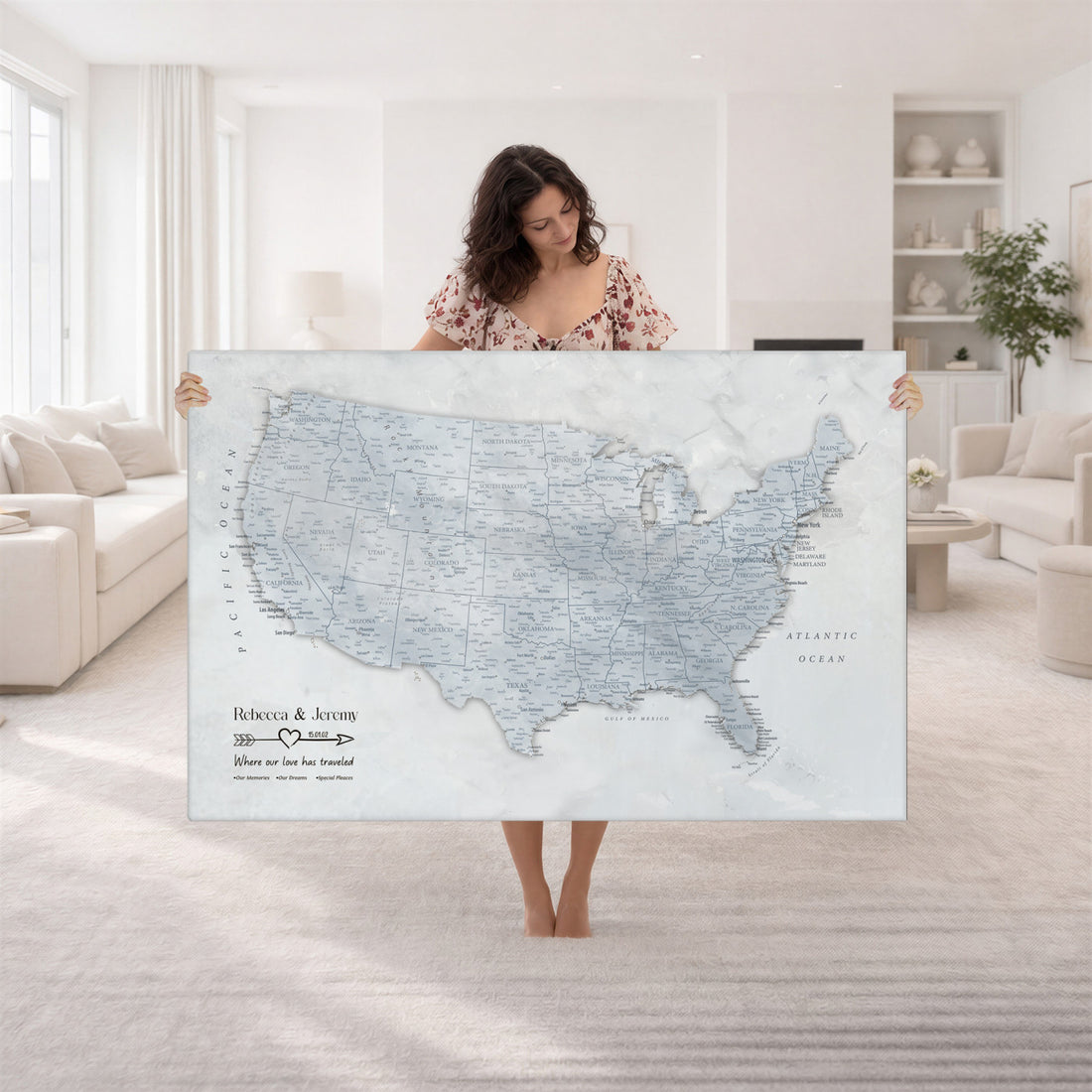 Custom USA Push Pin Travel Map Canvas Wall Art - Personalized Couples Gift Flat Digital Print
