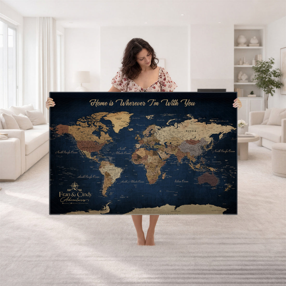 Custom Framed Deep Blue Geometric Push Pin World Map Wall Art, Next Trip Planner Map, Family Room and Hallway Decor