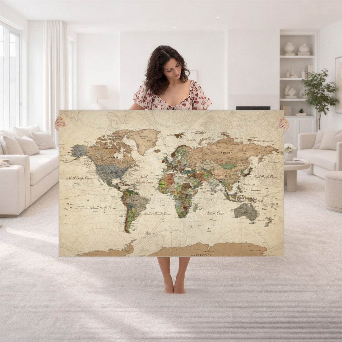 Custom Push Pin World Map Wall Art Canvas Print – Personalized Travel Tracker with Pins Framed Large for Home and Office Decor