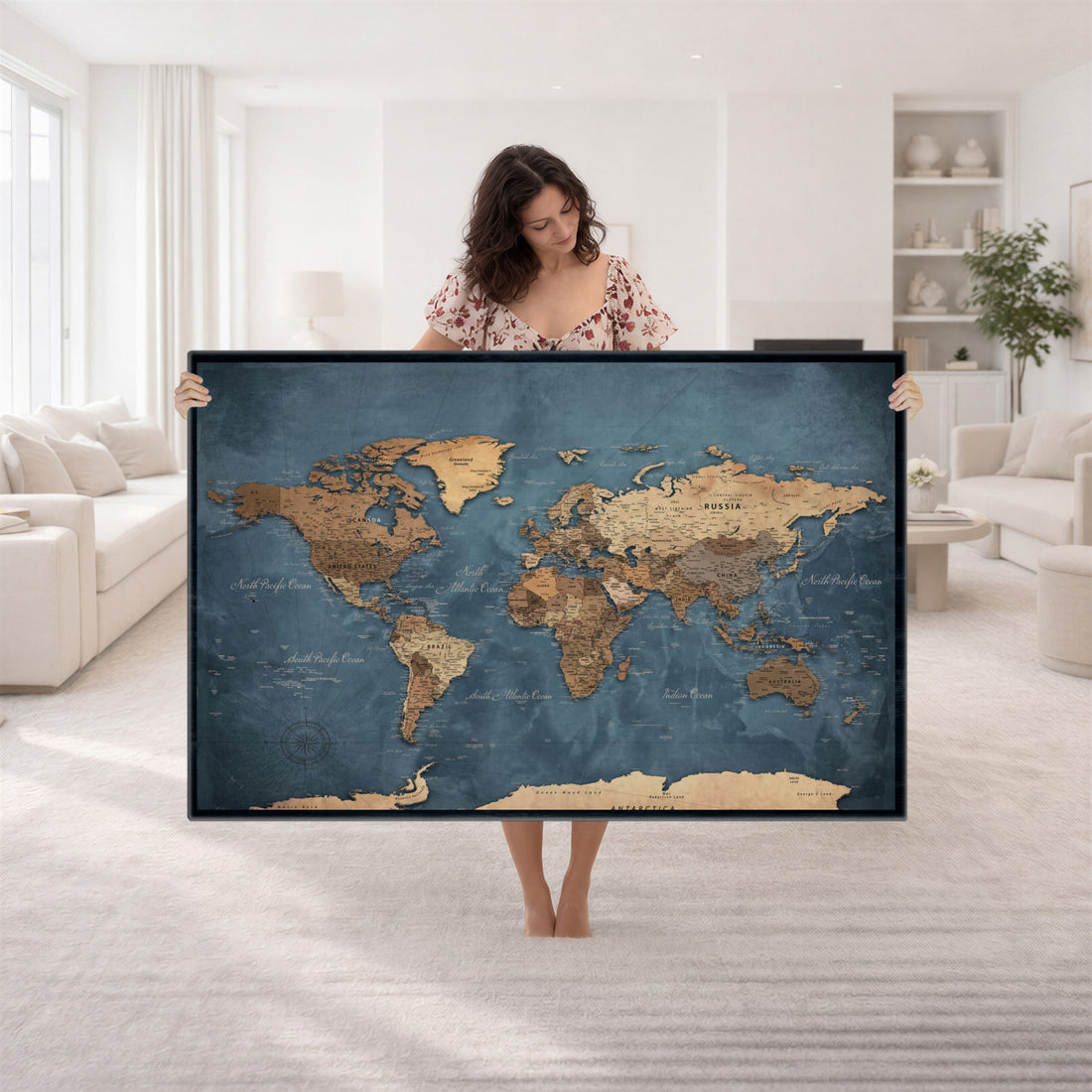 Custom Push Pin World Map Wall Art Canvas Print – Personalized Travel Tracker with Pins Framed Large for Home and Office Decor