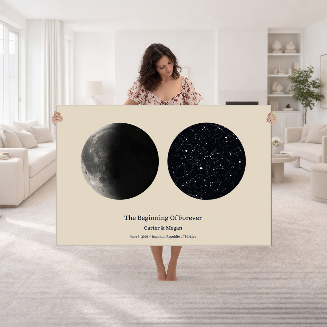 Moon and Stars Canvas Print, Personalized Moon Phase and Star Map Art