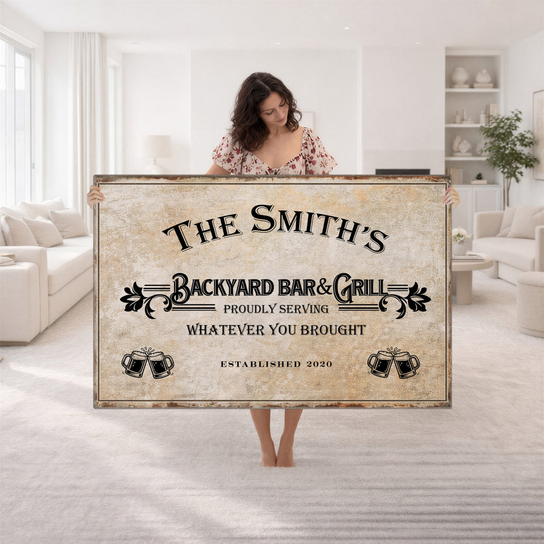 Custom Backyard Bar & Grill Sign, Personalized Family Name Arch Canvas