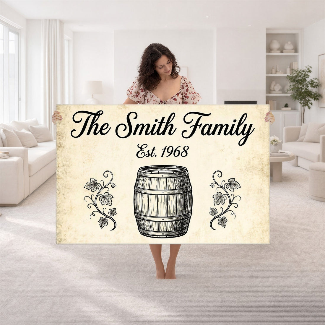 Personalized Family Name Sign, Wine Barrel Established Canvas Art