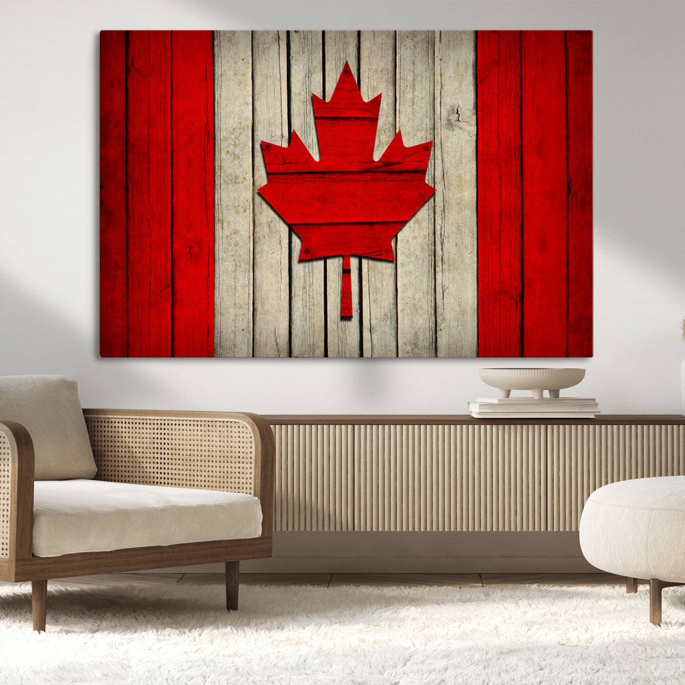 -Rustic Canada Flag Wall Art – Framed Canadian Flag Canvas Print, Vintage Wood Texture Home or Office Decor