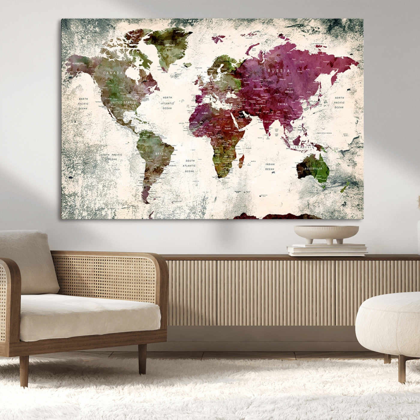 39882-MGV-CV-36X24-Vintage Watercolor Push Pin World Map Canvas – Framed Travel Wall Art for Home and Office Decor