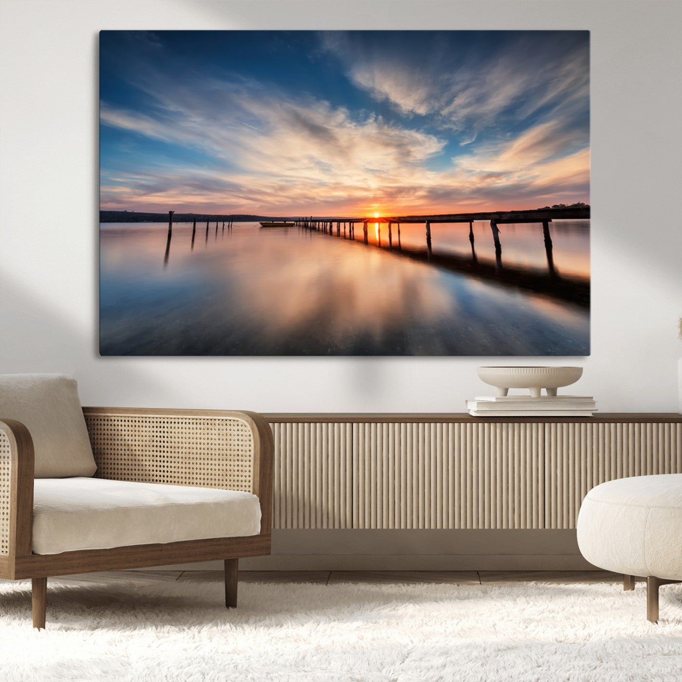 39967-MGV-CV-36X24-Wooden Pier on Seascape and Sunset Wall Art Canvas Print