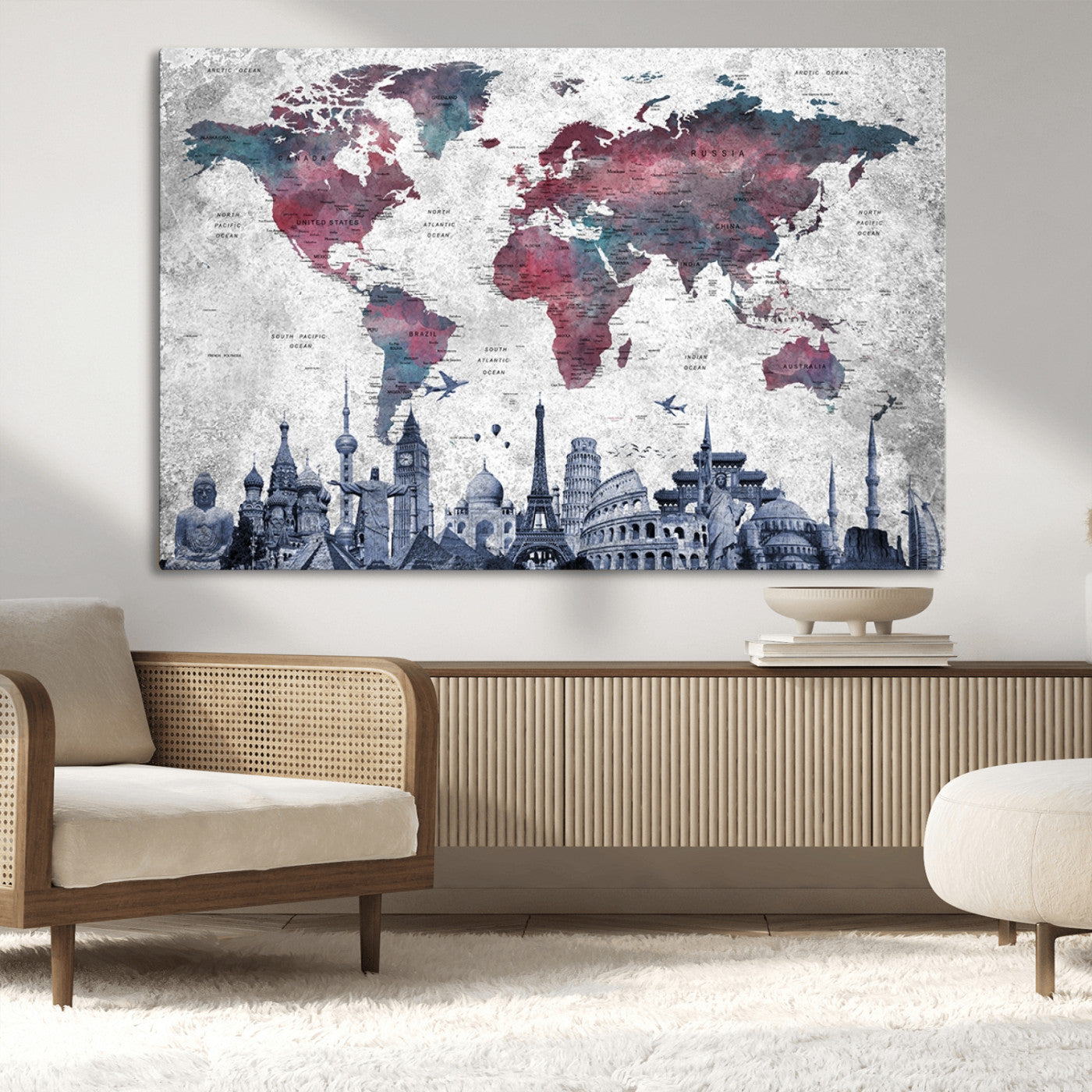 42515-MGV-CV-36X24-World Map Canvas Wall Art with Famous Landmarks – Framed Travel Map Print for Home and Office Decor, Perfect Gift for Travel Lovers