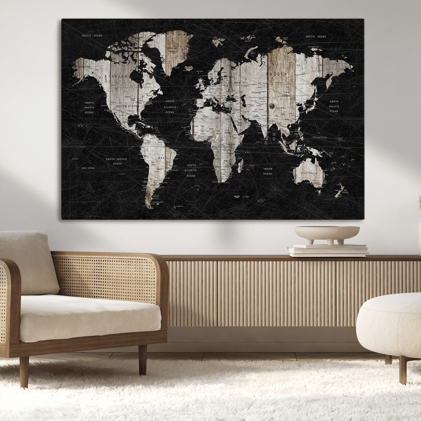 89998-MGV-CV-36X24-Rustic Black and Wood World Map Canvas Wall Art – Framed Push Pin Travel Map for Home and Office Decor, Modern Vintage Wall Artwork
