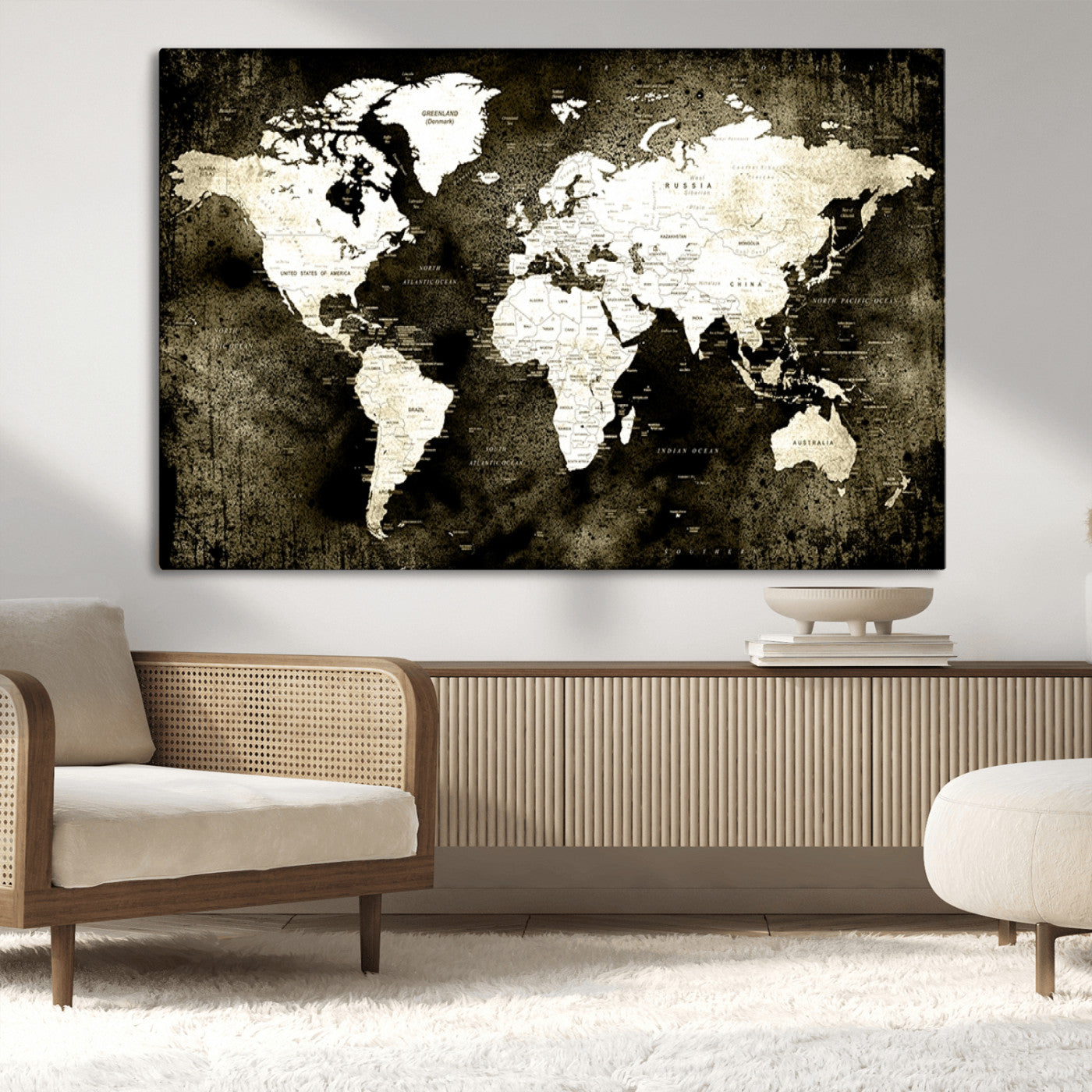 66737-MGV-CV-36X24-Vintage World Map Canvas Wall Art – Framed Push Pin Travel Map for Home and Office Decor, Rustic Wall Artwork for Travelers
