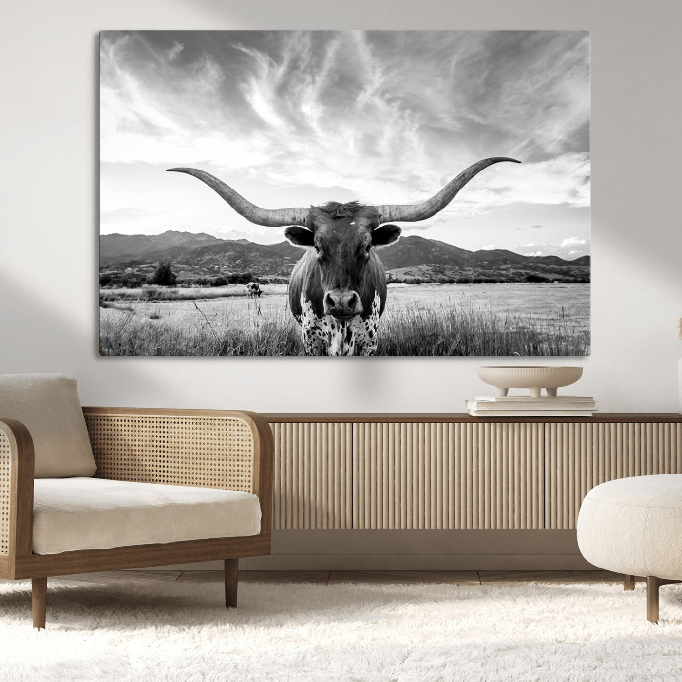 79527-MGV-CV-36X24-Longhorn Black and White Wall Art – Rustic Western Bull Canvas Print, Farmhouse Country Decor for Living Room, Office or Ranch, Cowboy Wall Artwork