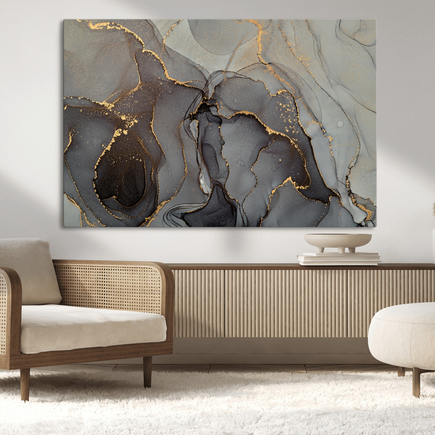 16762-MGV-CV-36X24-Gray Marble Fluid Wall Art – Modern Abstract Canvas Print with Elegant Flowing Patterns, Minimalist Luxury Decor for Living Room, Office, or Bedroom