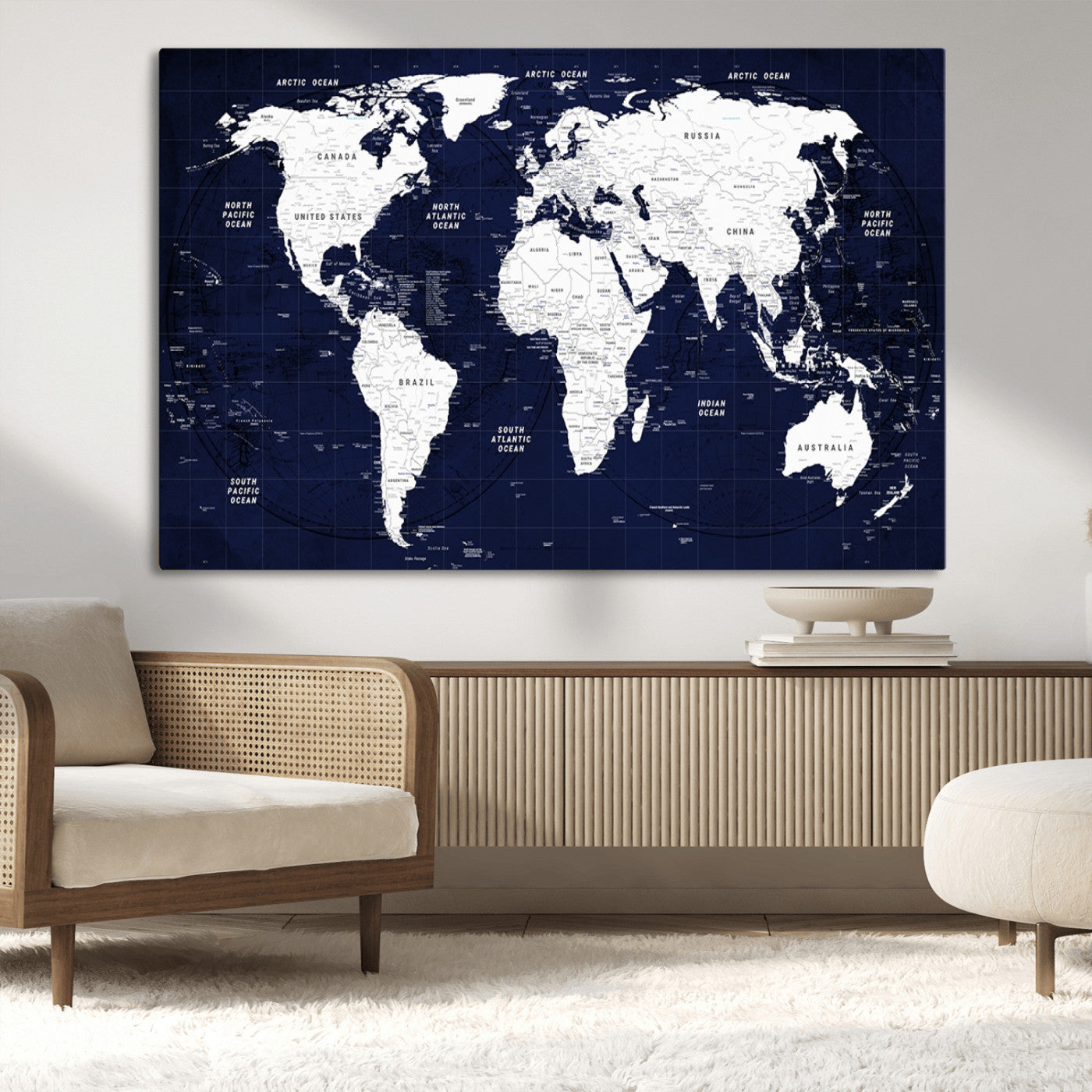 -Navy Blue World Map Canvas Print – Modern Push Pin Travel Map Wall Art, Framed Contemporary Decor for Home or Office