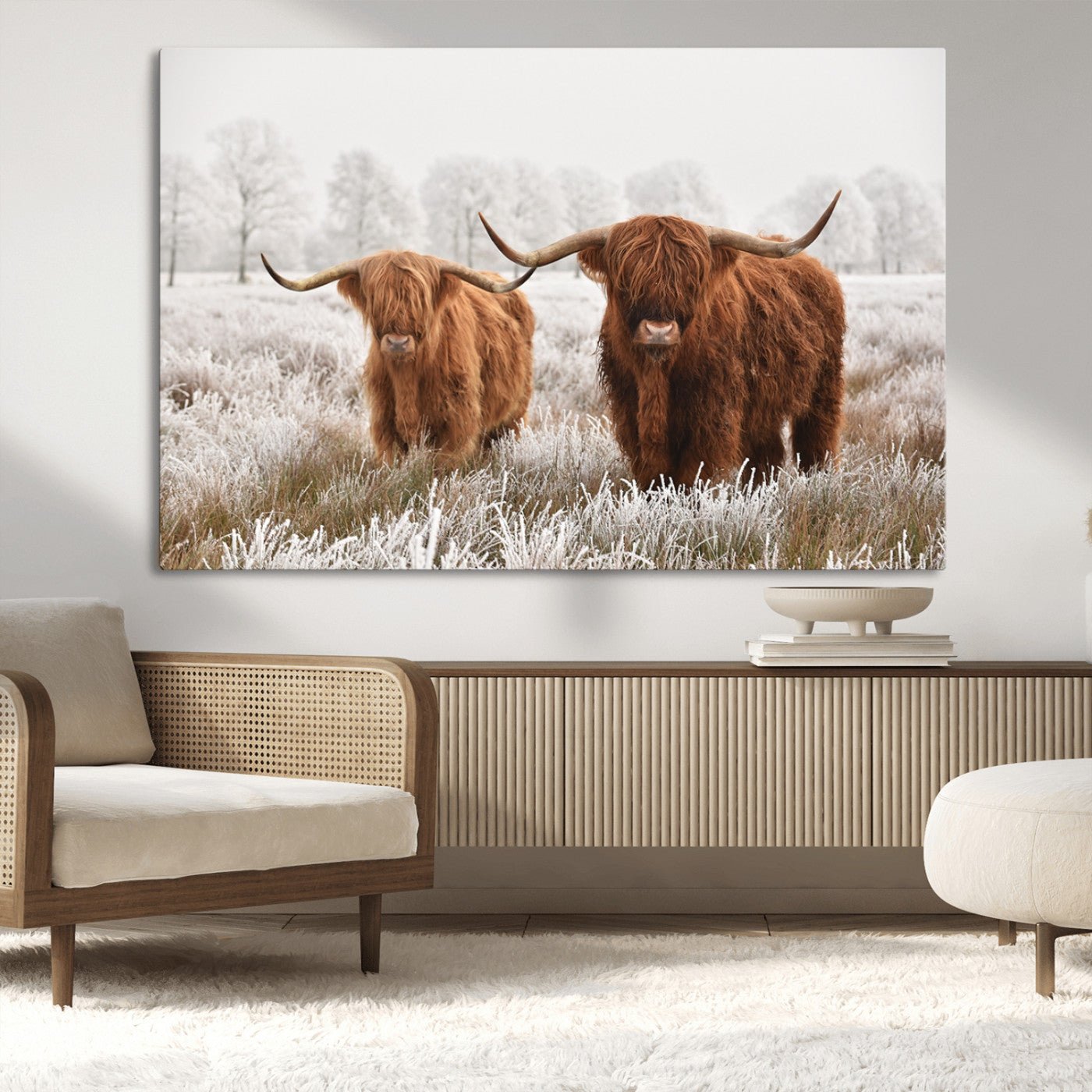 -Longhorn Cattle Wall Art Canvas Print, Framed Farmhouse Style Art Picture Print, Rustic Cow Perfect Rustic Farmhouse Decor Artwork
