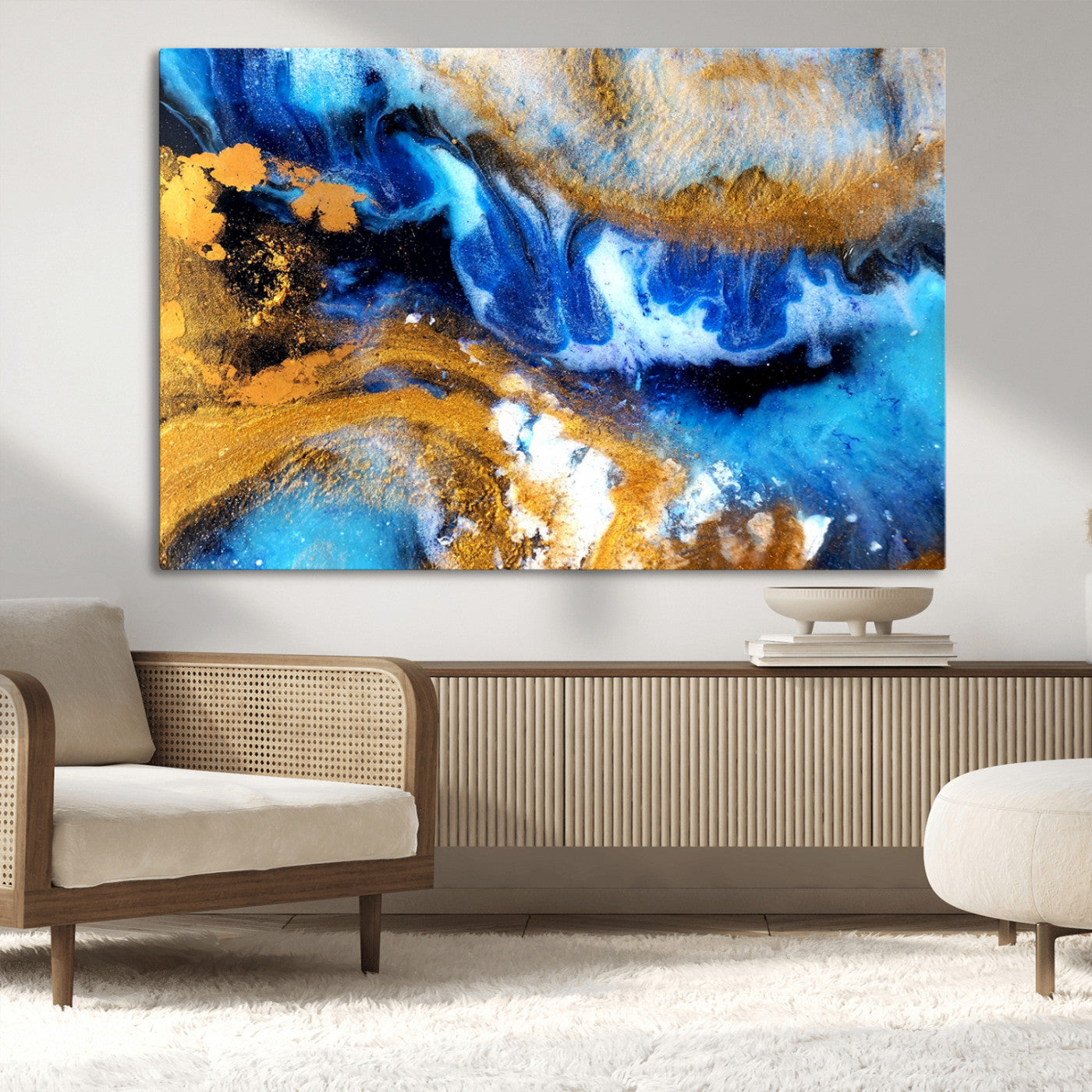 42100-MGV-CV-36X24-Blue Orange Marble Fluid Effect Canvas Wall Art Print